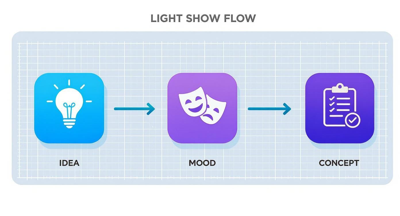 A light show flow diagram illustrating steps from idea (lightbulb) to mood (masks) to concept (checklist).