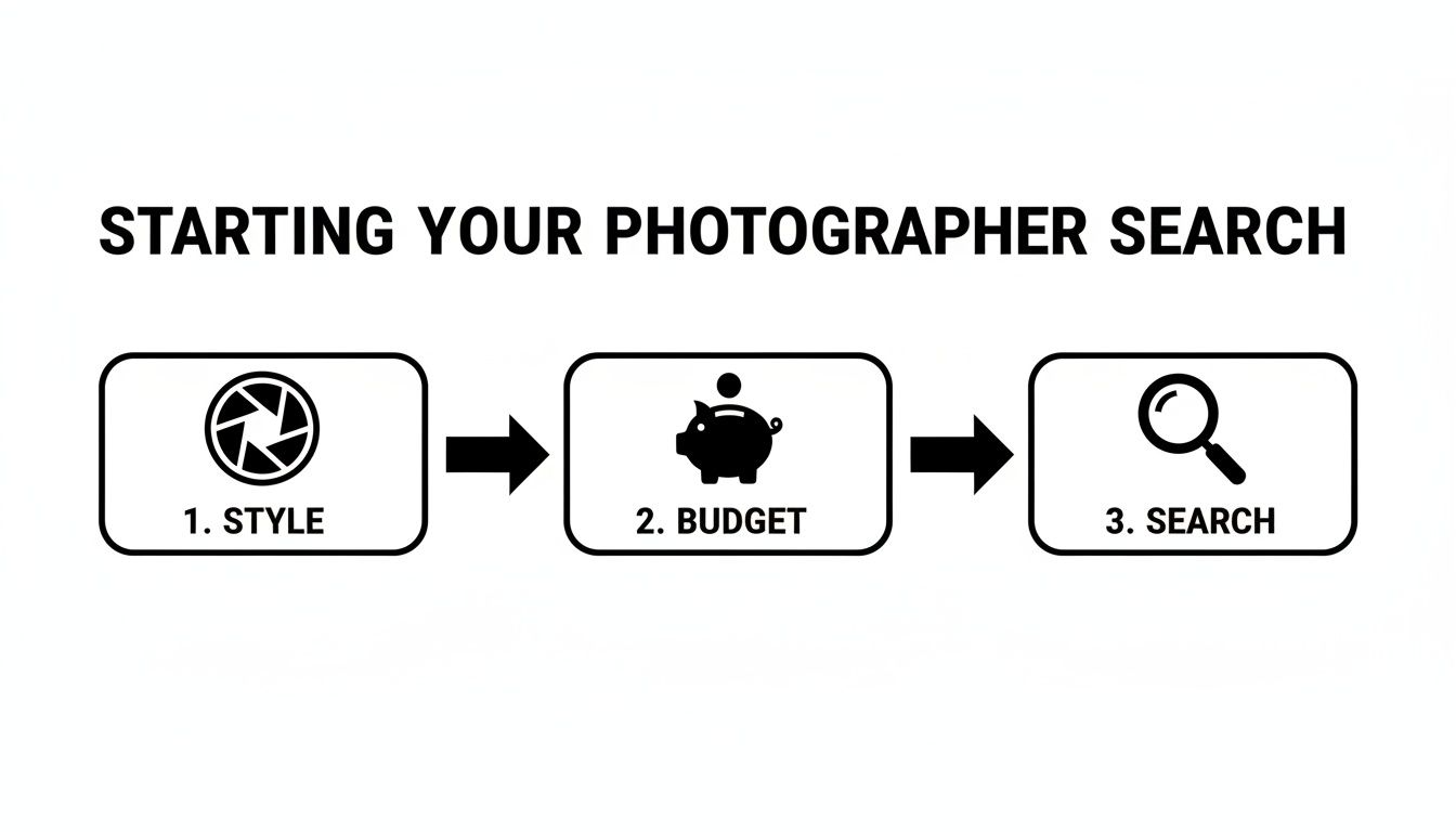 A flowchart titled 'Starting Your Photographer Search' with steps: Style, Budget, and Search.