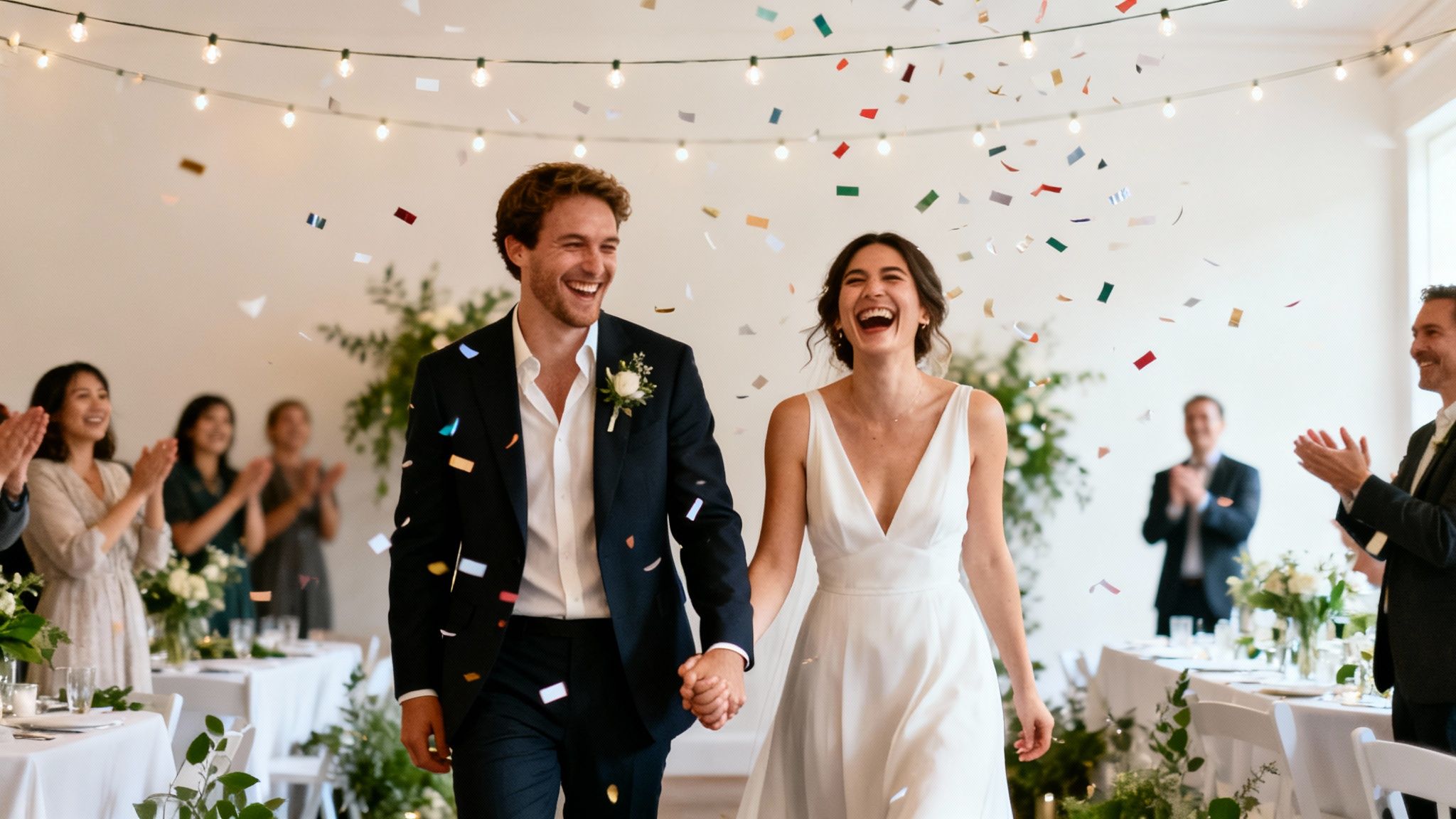 A joyful bride and groom laugh, holding hands under falling confetti at their wedding reception.