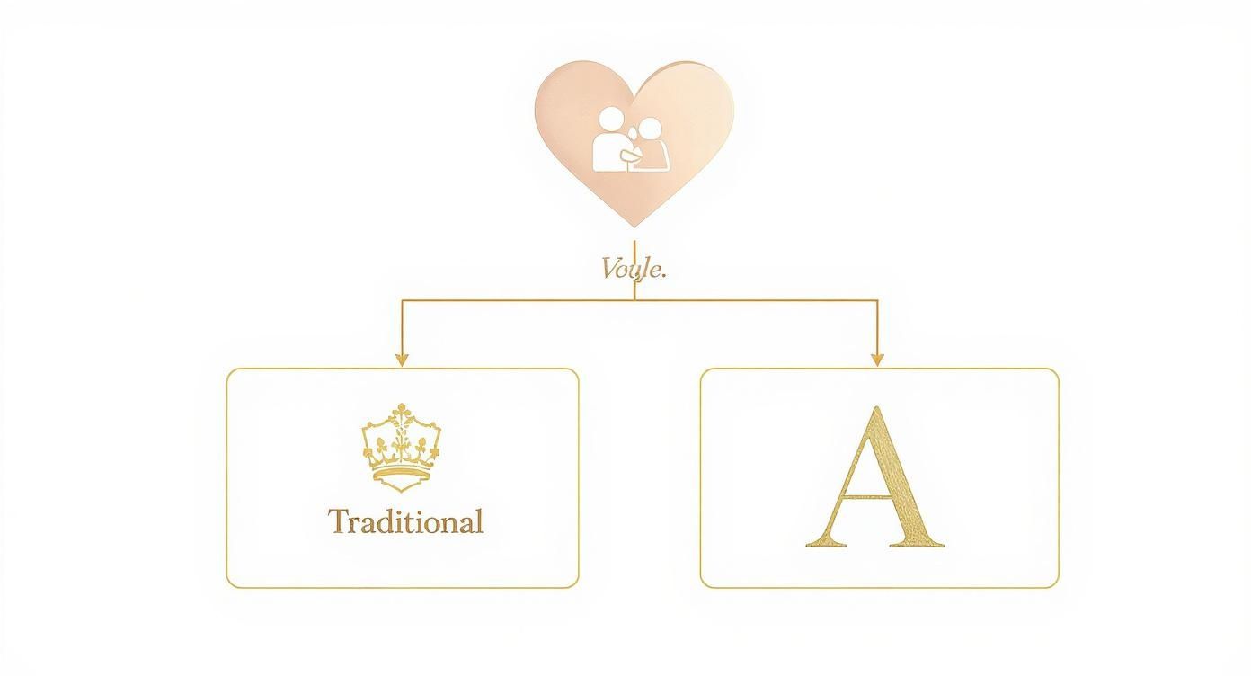 Infographic decision tree showing how to choose between a traditional and modern monogram style based on your wedding vibe.