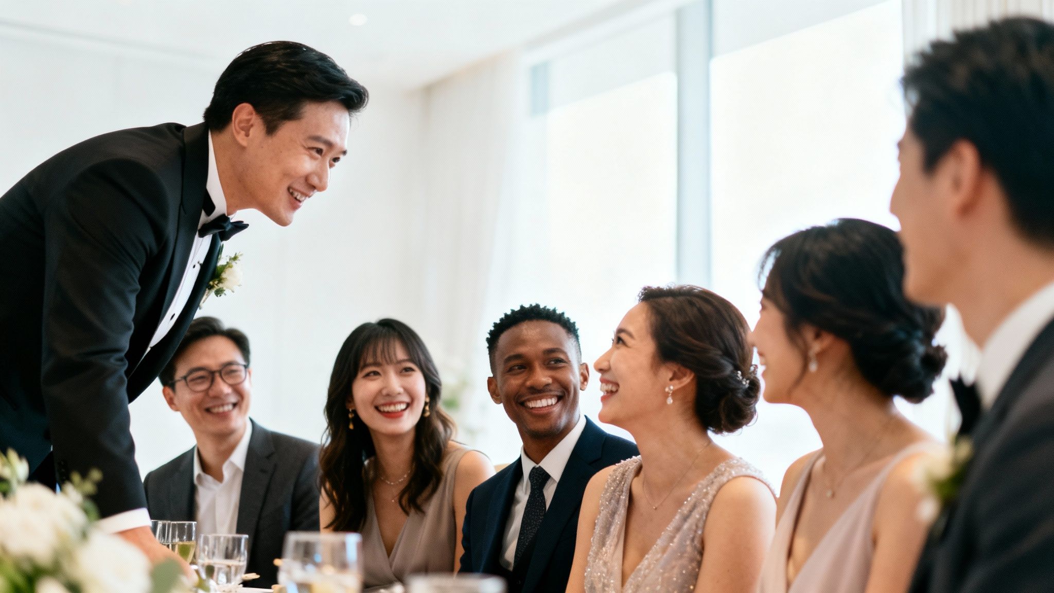 A man in a tuxedo smiles while interacting with a diverse group of happy guests at a reception.