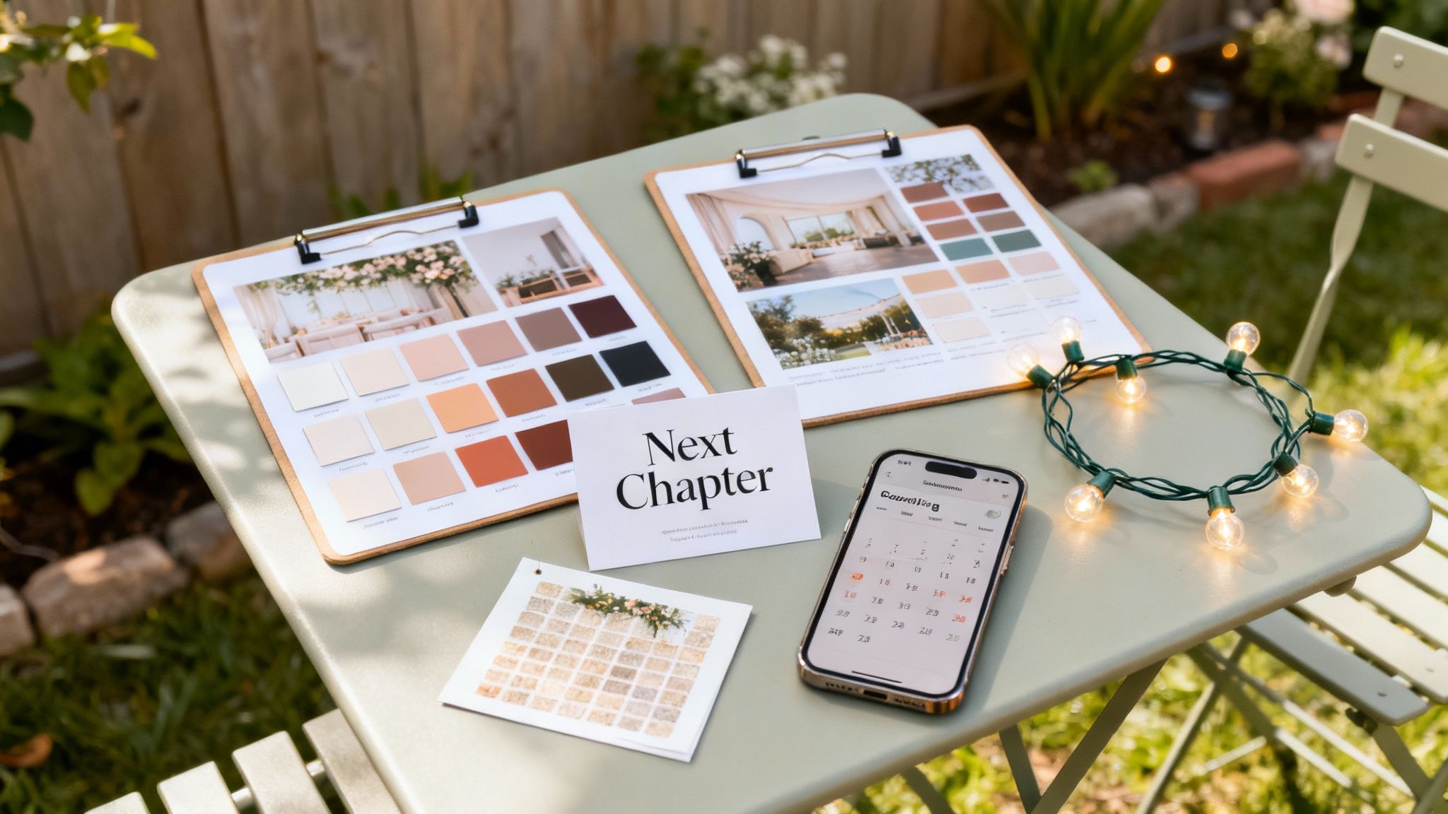 Outdoor table with event planning materials including mood boards, 'Next Chapter' card, and string lights.
