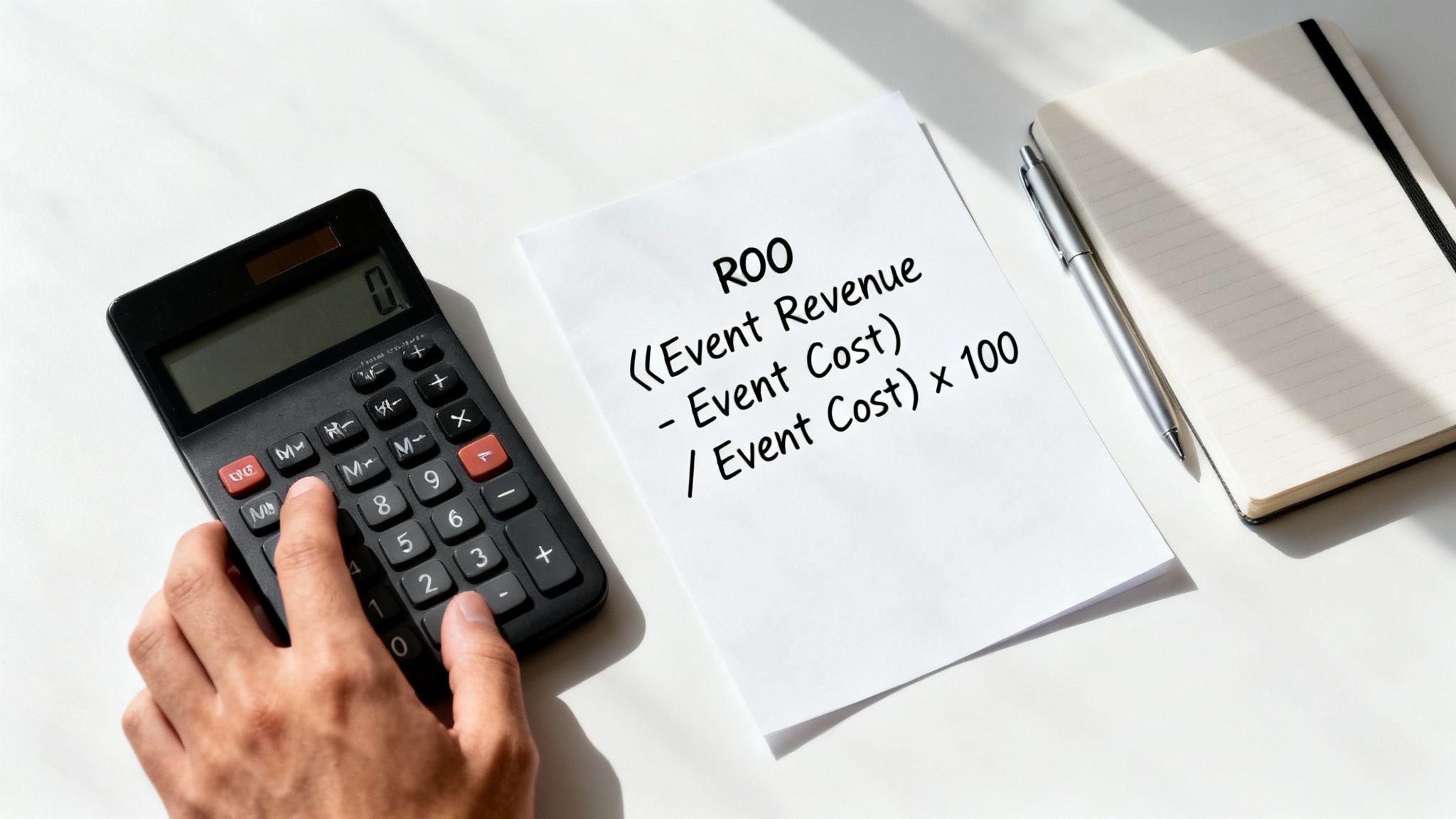 A calculator and a pen on a desk with financial charts