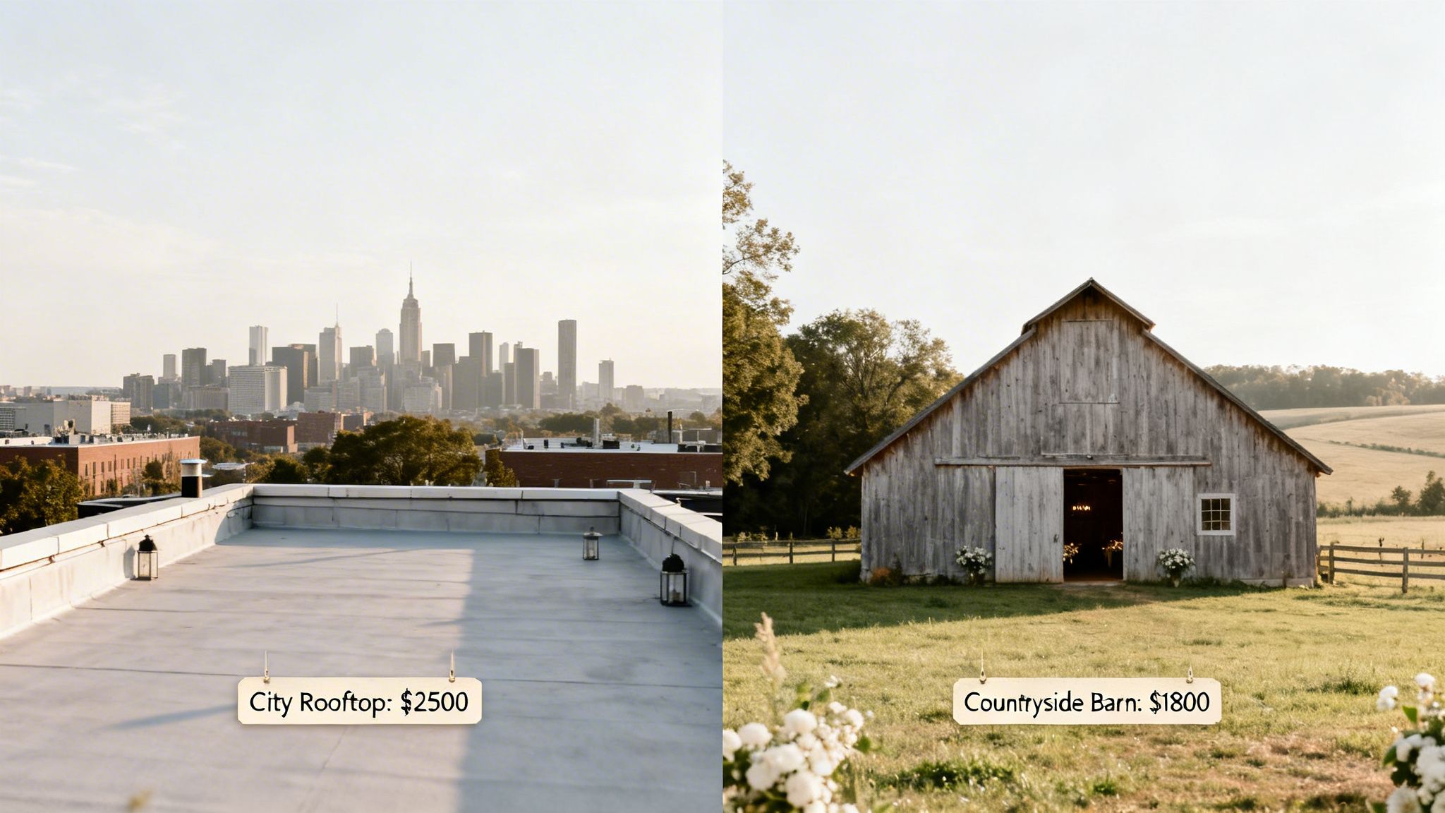 Two wedding venues side-by-side: a city rooftop for $2500 and a rustic countryside barn for $1800.
