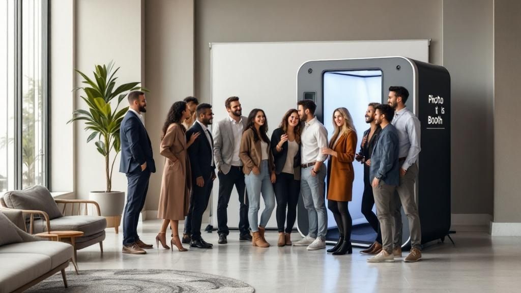 Colleagues posing with fun props at a corporate photo booth
