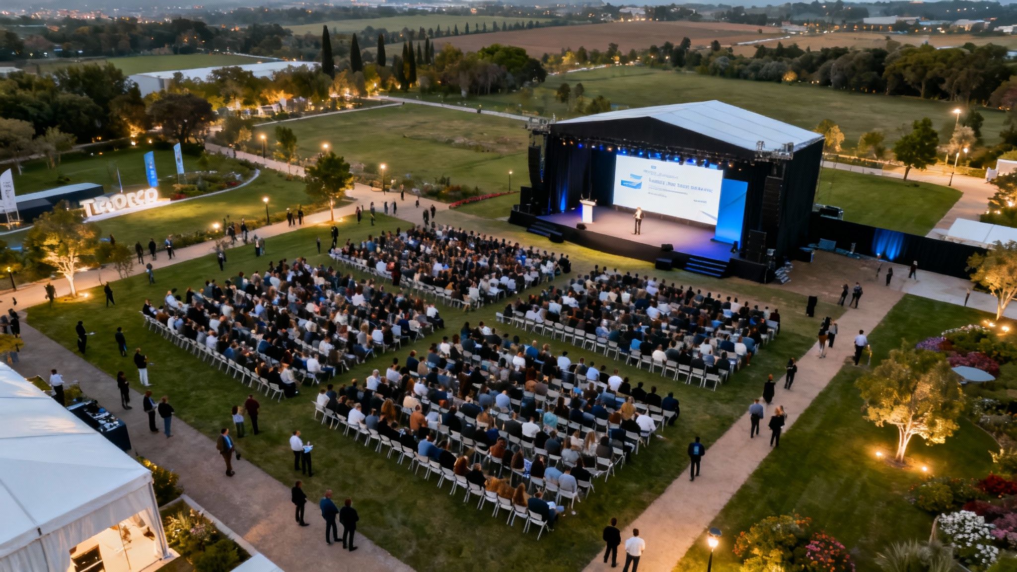 An aerial view of a large outdoor conference or event at night, with a speaker on stage and a seated audience.