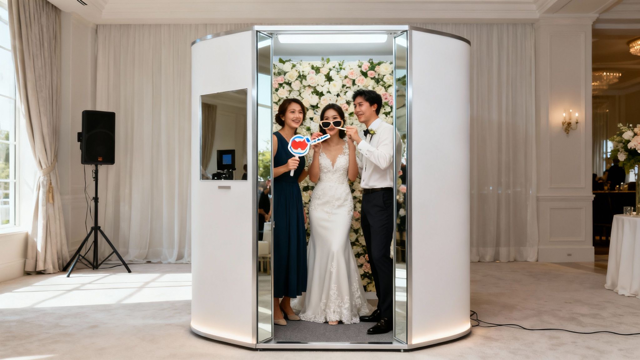 A group of friends laughing while using a modern, open-air photo booth at a wedding.