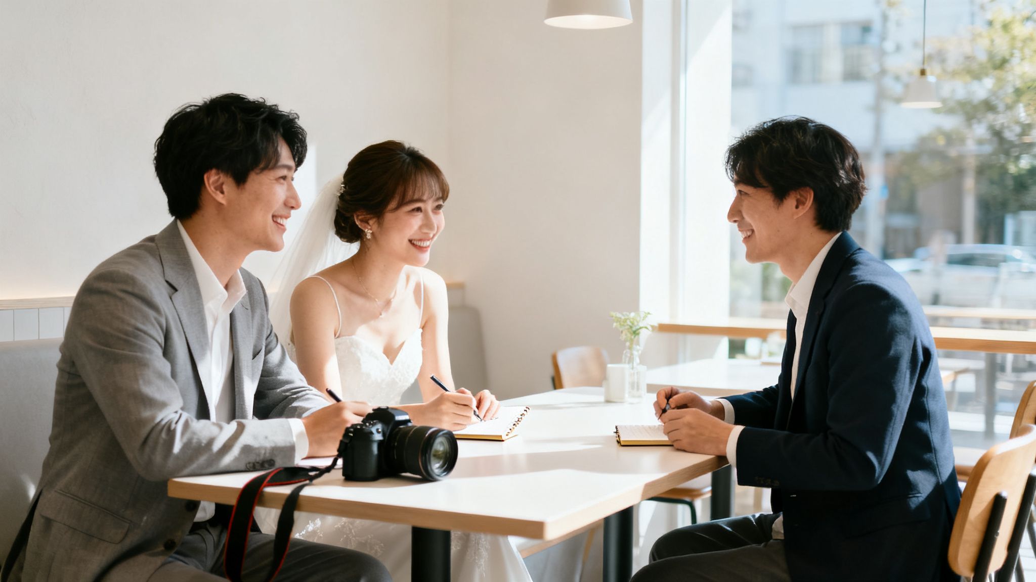 Happy couple in wedding attire discussing plans with a professional at a bright cafe.
