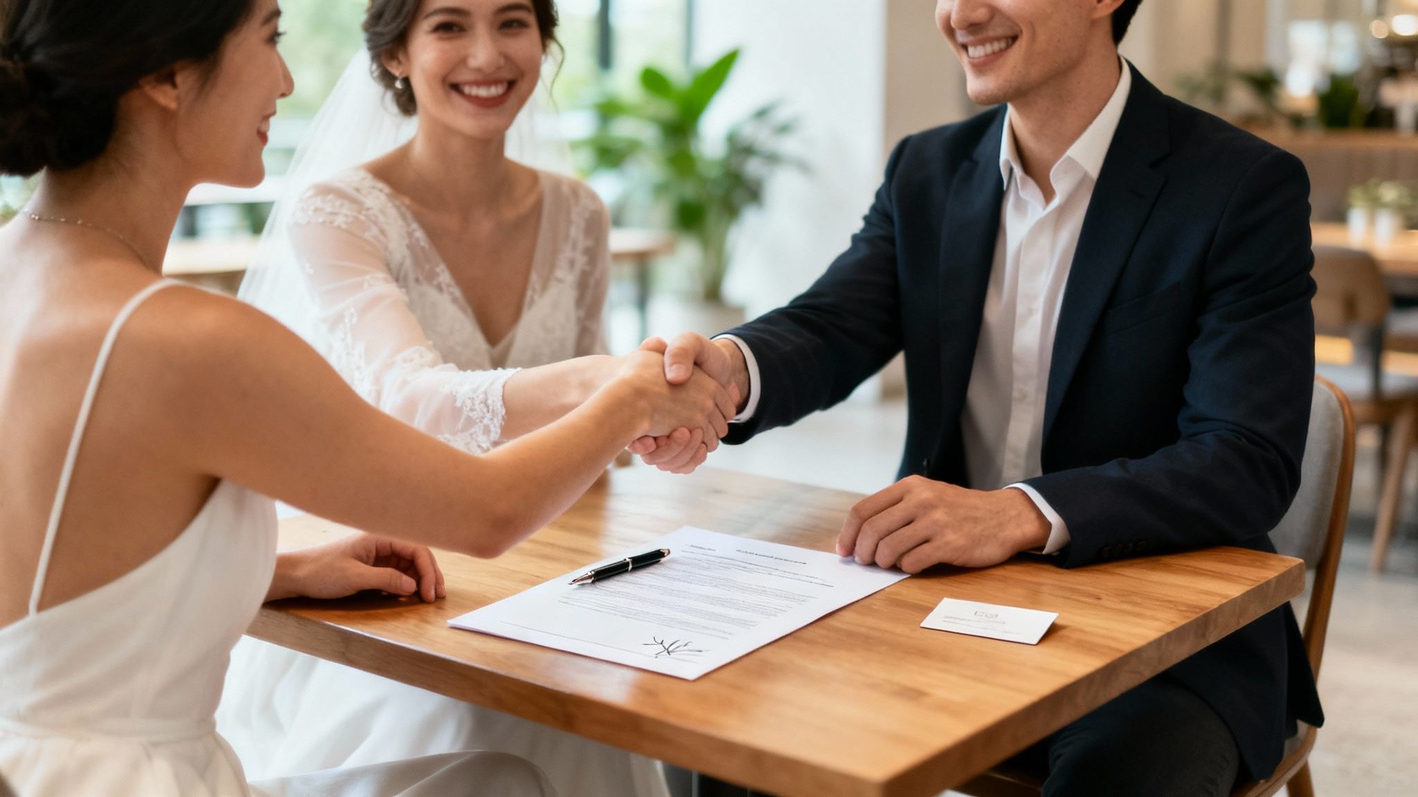 A wedding photographer capturing a joyful couple on their wedding day.