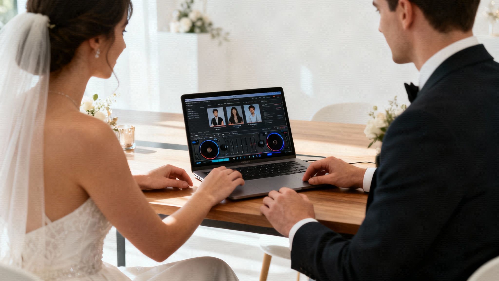 A person's hands browsing through a list of DJs on a tablet screen, with a wedding planning notebook nearby.