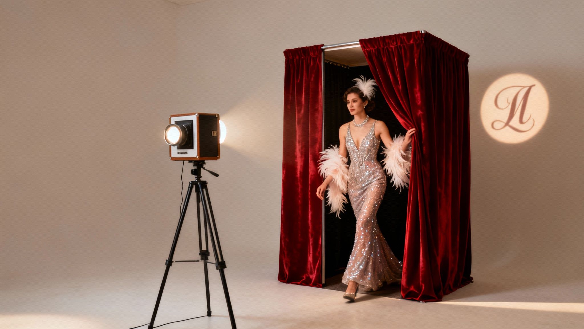 A glamorous woman in a sparkling dress and boa steps out of a red curtain photo booth.