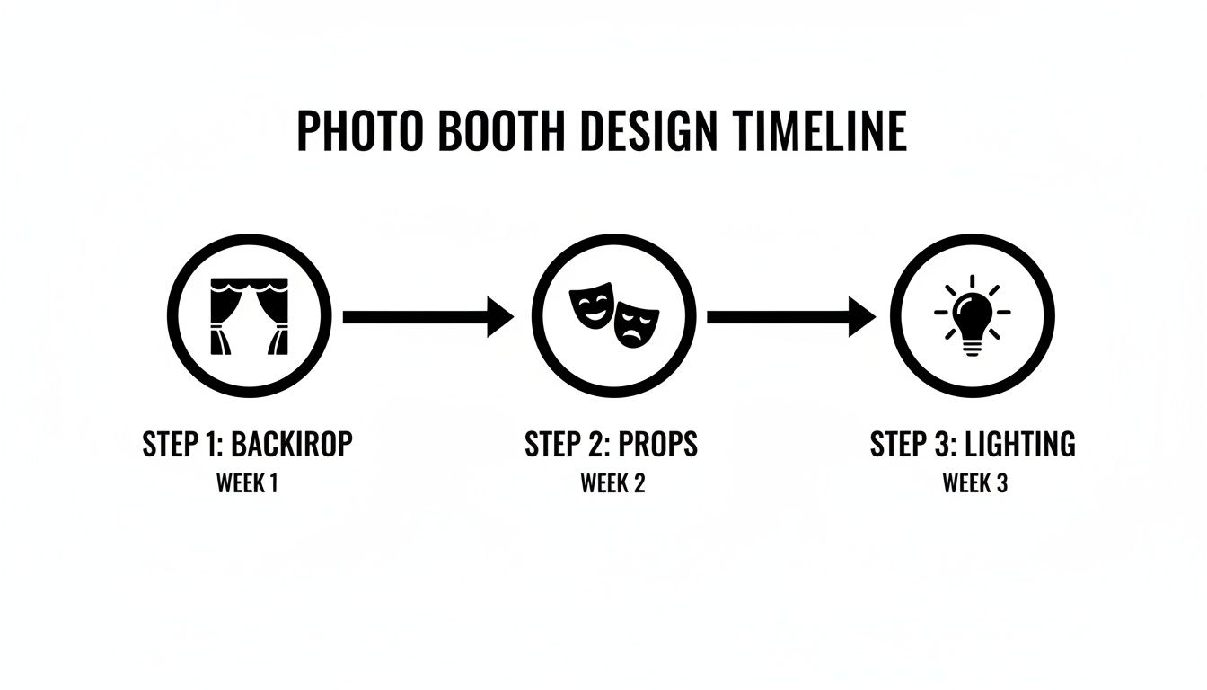 A photo booth design timeline illustrating three steps: backdrop (week 1), props (week 2), and lighting (week 3).