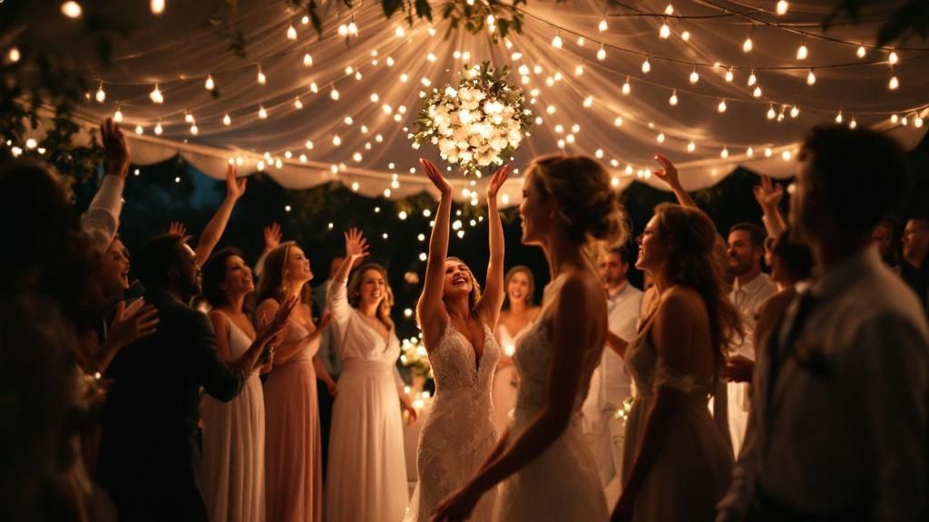 Wedding planner reviewing a timeline on a clipboard while an event is set up in the background.