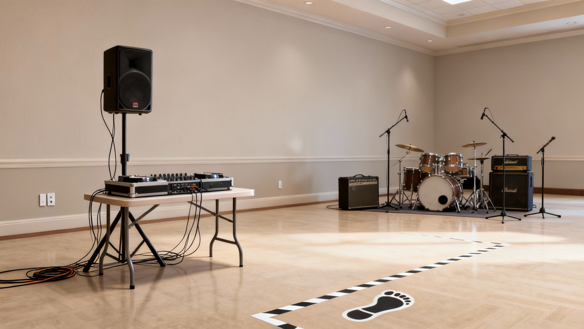 A wedding DJ setup with speakers and lights in a reception hall