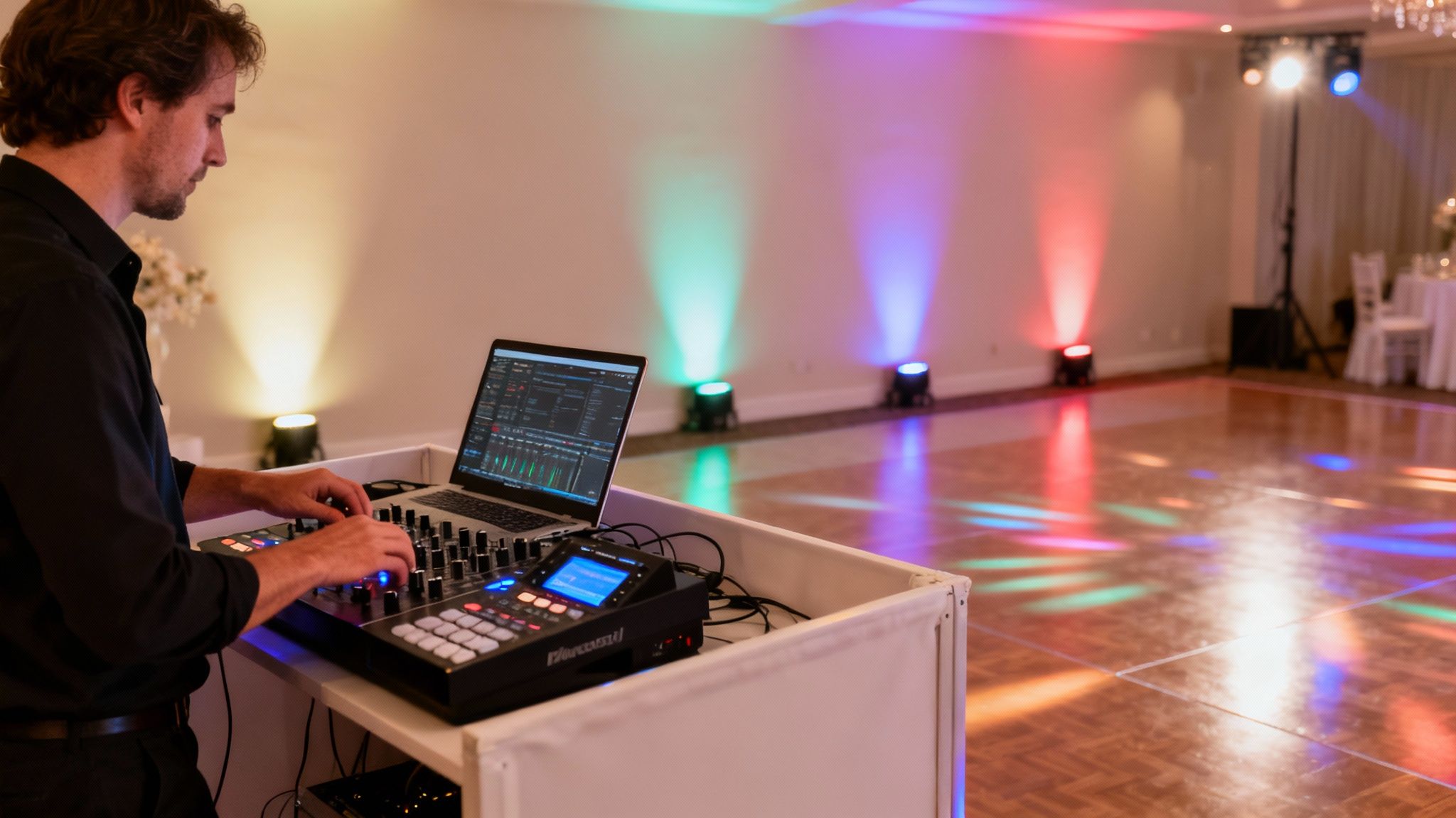 A DJ performs at a wedding reception with colorful uplighting and an illuminated dance floor.