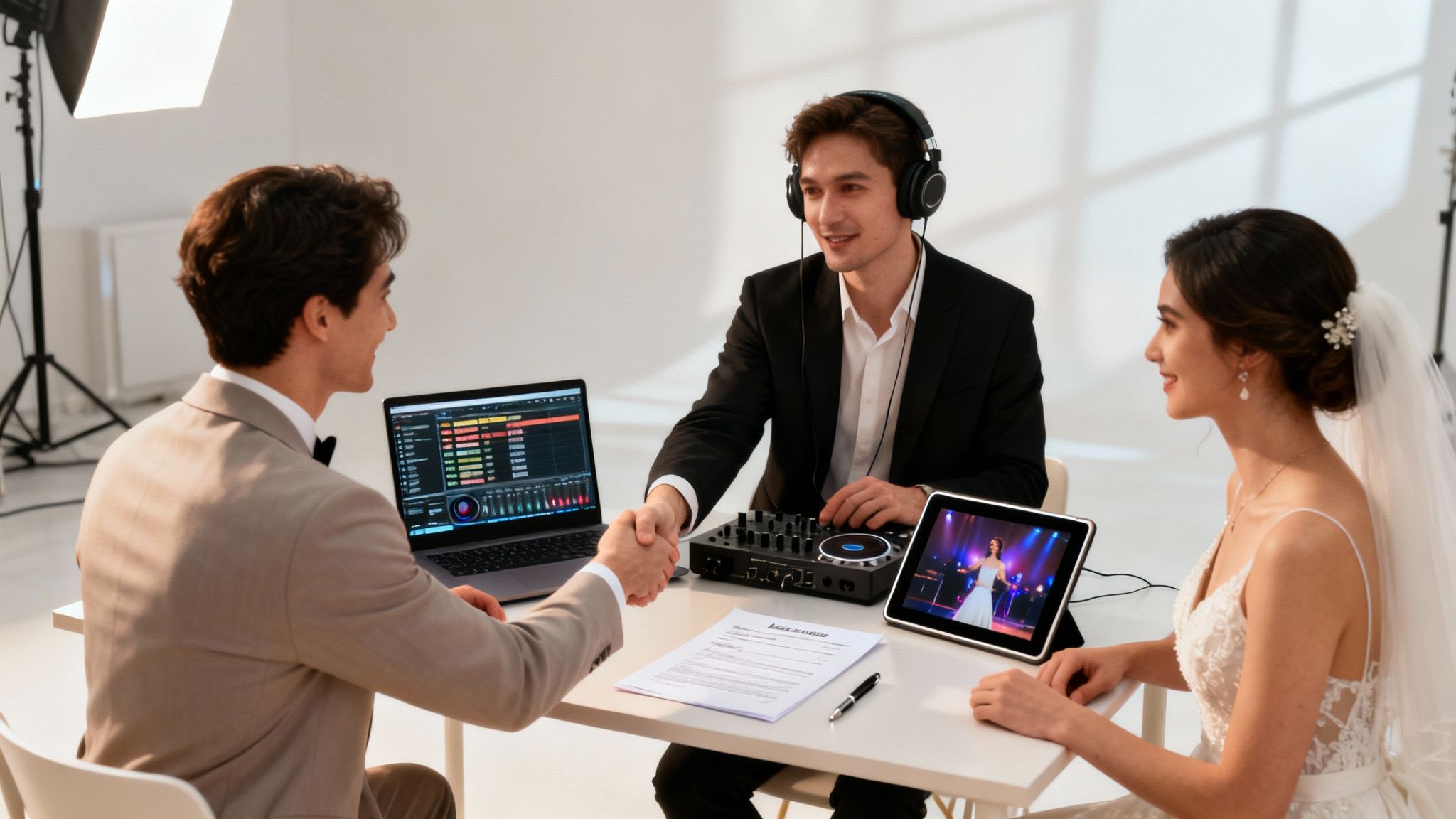 A bride and groom consult with a DJ, shaking hands over a contract for their wedding reception.