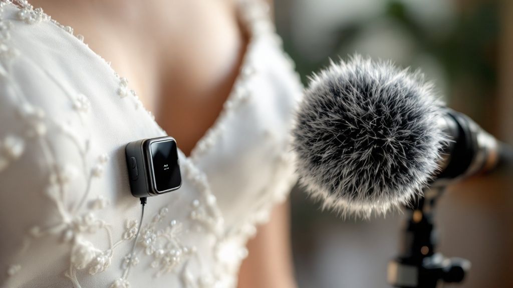 A lavalier microphone being clipped onto a groom's lapel for clear audio capture during a wedding ceremony.