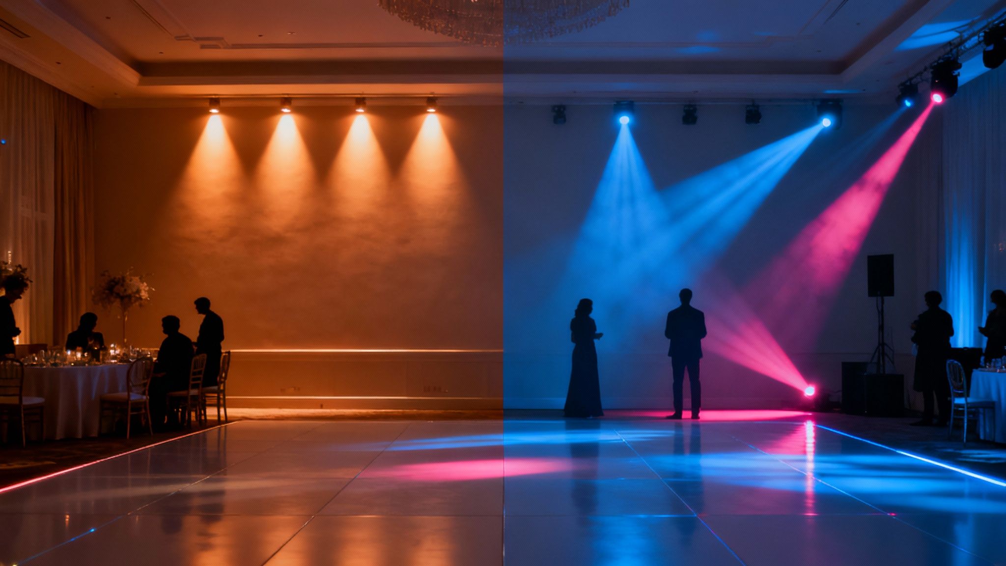Bride and groom on a dance floor with purple and blue lighting