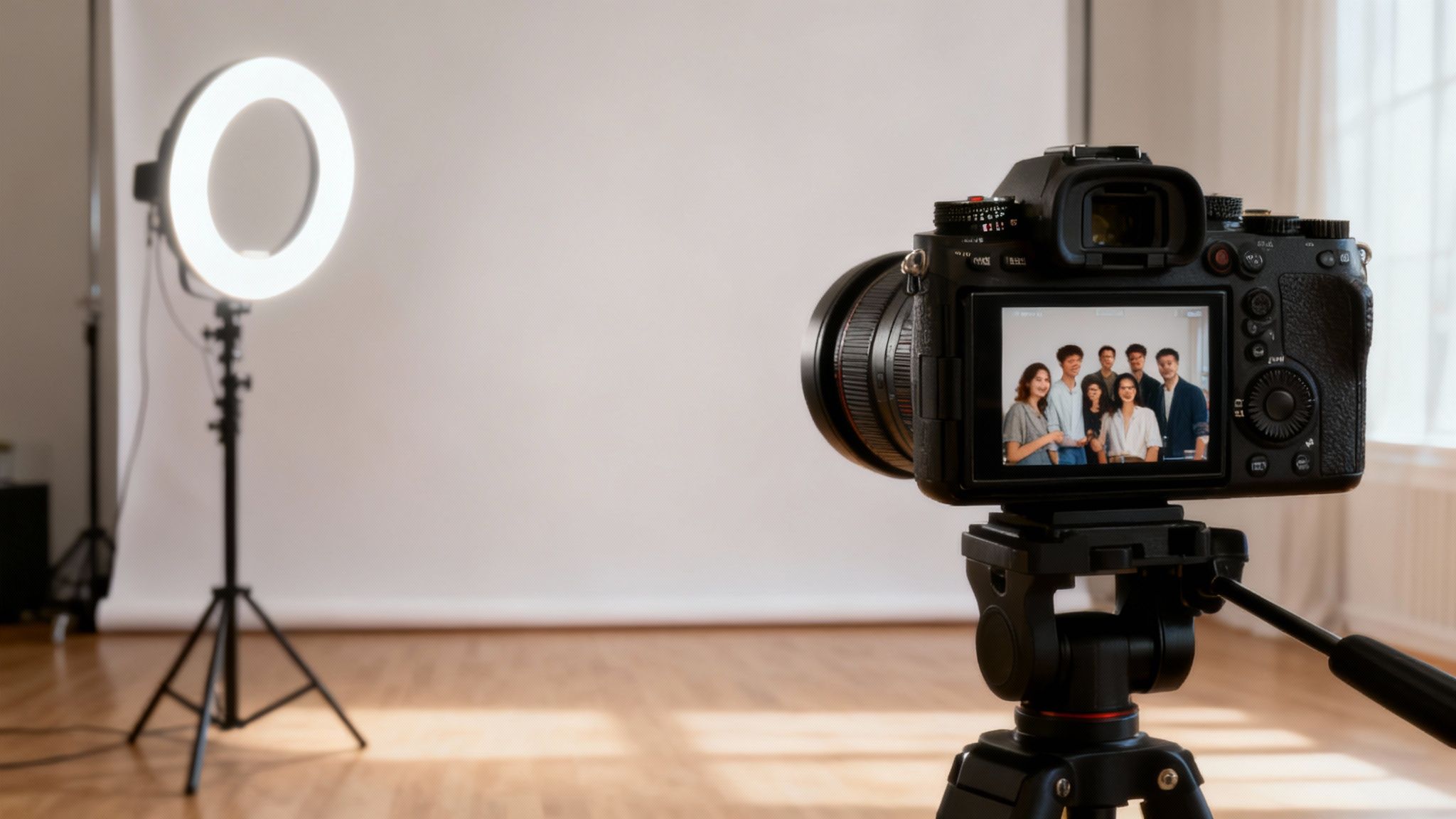 Professional camera on tripod with ring light setup for photo booth photography session