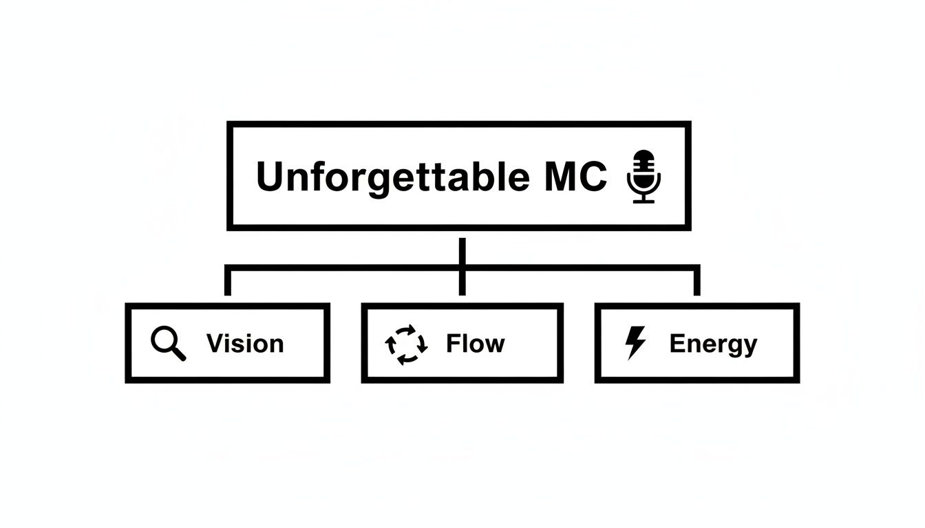 Flowchart illustrating elements of an 'Unforgettable MC': Vision, Flow, and Energy, each with an icon.