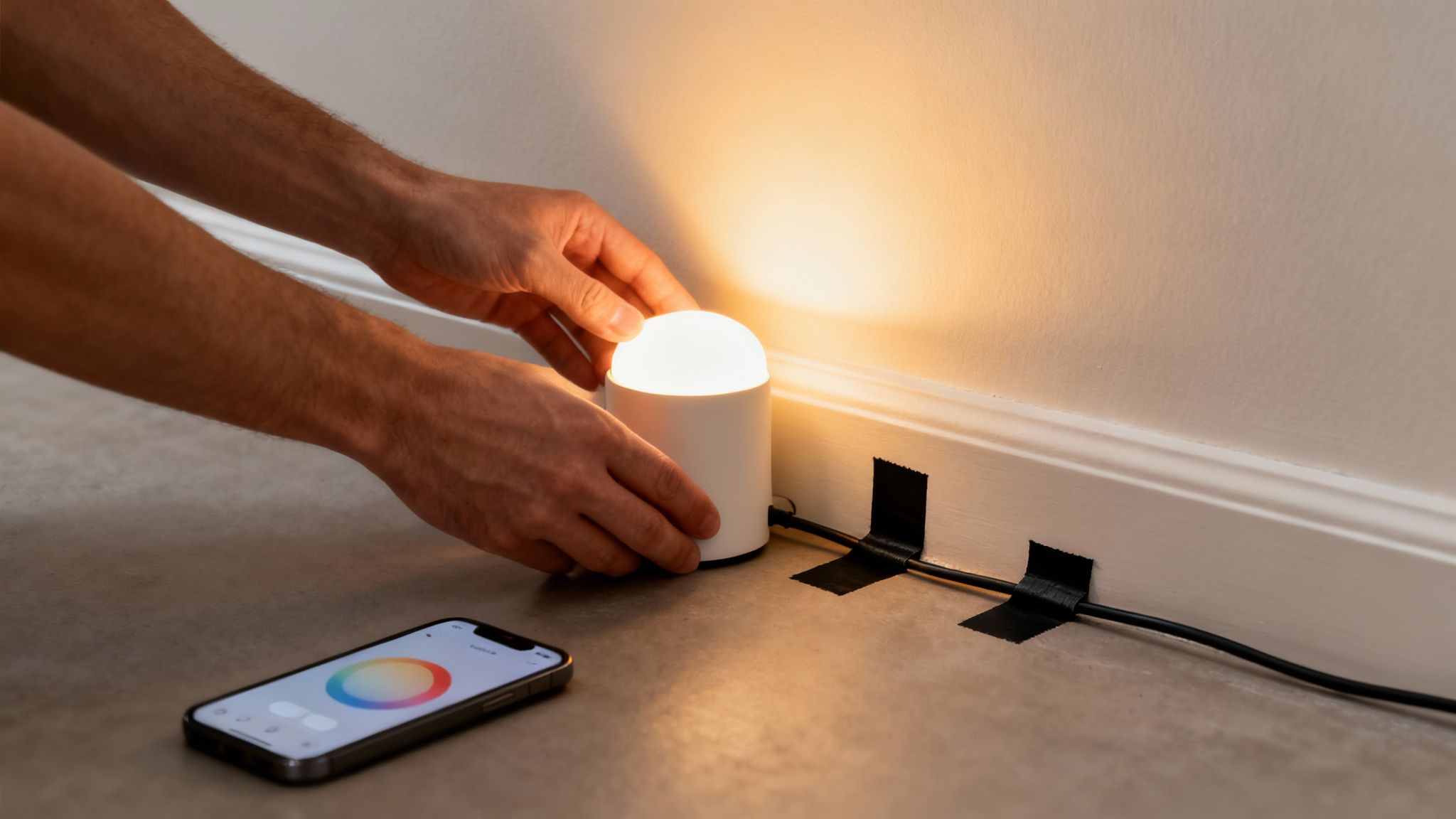 A person setting up uplighting equipment in a wedding venue.