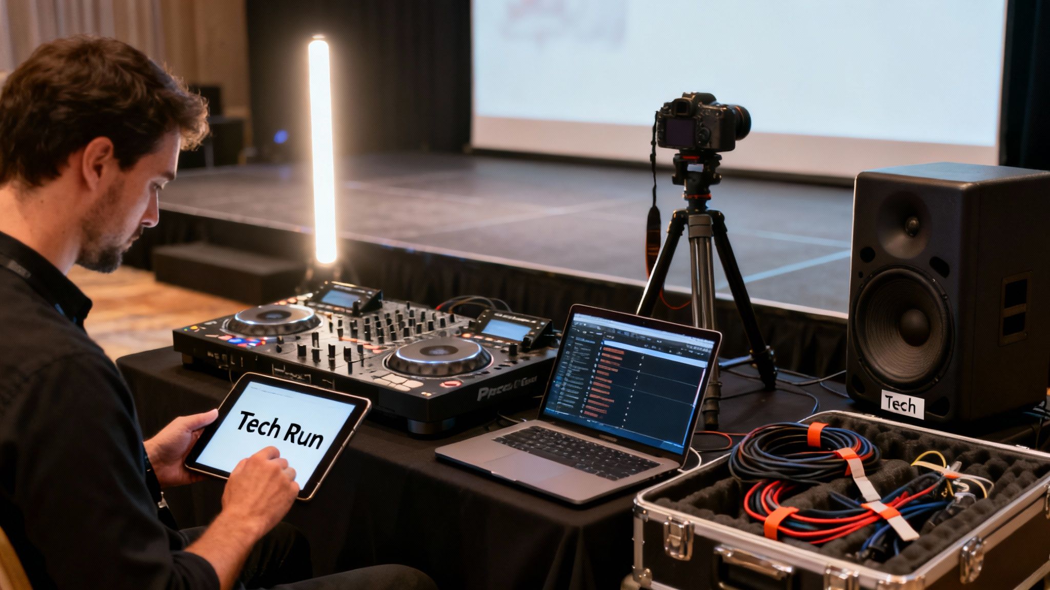 A technician prepares audio-visual equipment, including a DJ controller, camera, and laptop, for an event's tech run.