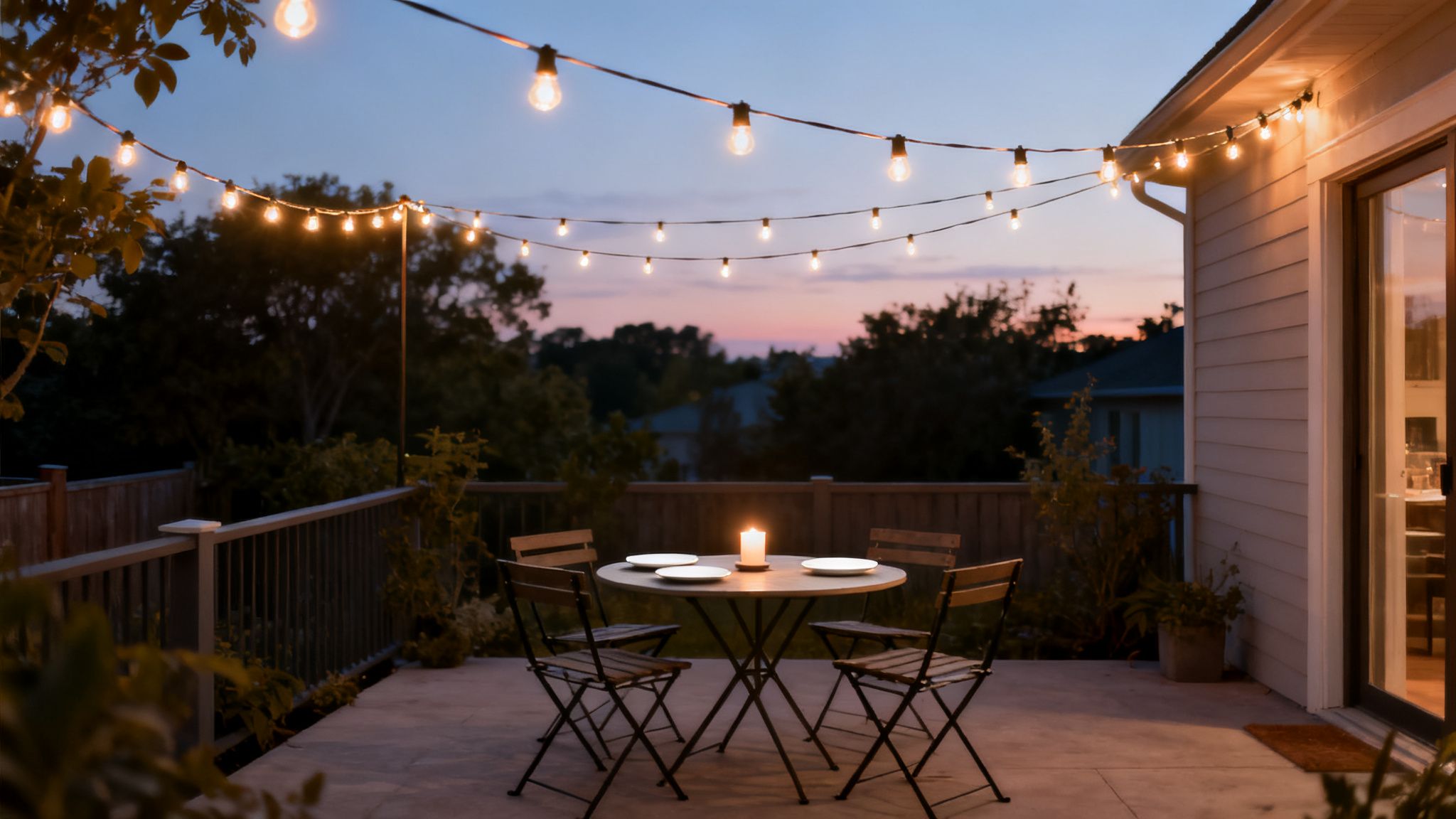 An inviting outdoor patio at dusk with string lights, a candle-lit table, and chairs.