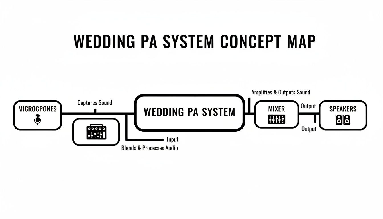 A concept map illustrating the components and flow of a wedding PA system, from microphones to speakers.