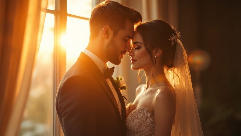 A bride and groom are silhouetted against a bright, warm sunset, showcasing the use of natural golden hour light in wedding videography.