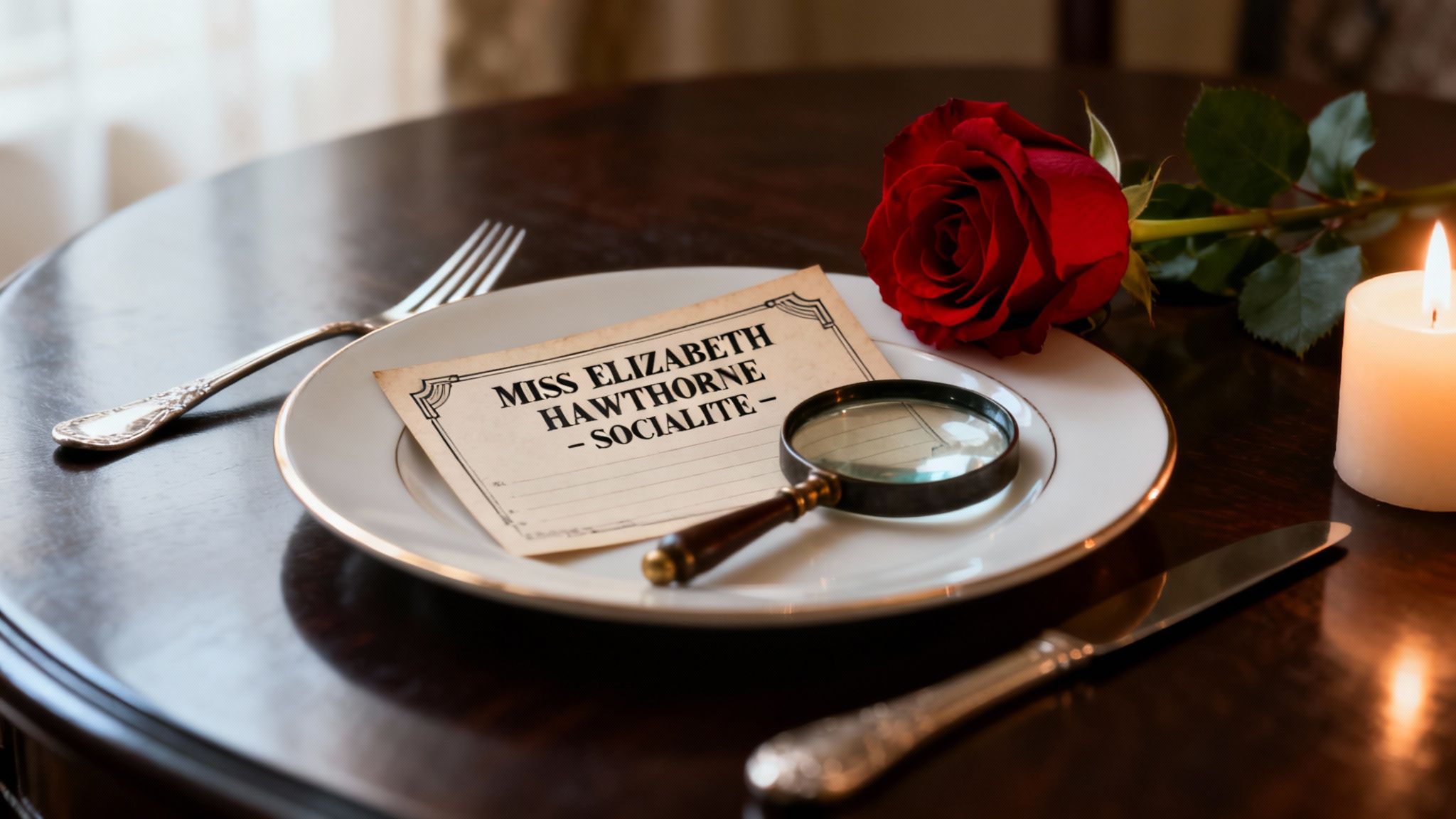 A vintage-style dinner setting featuring a note, magnifying glass, red rose, and lit candle on a dark wood table.