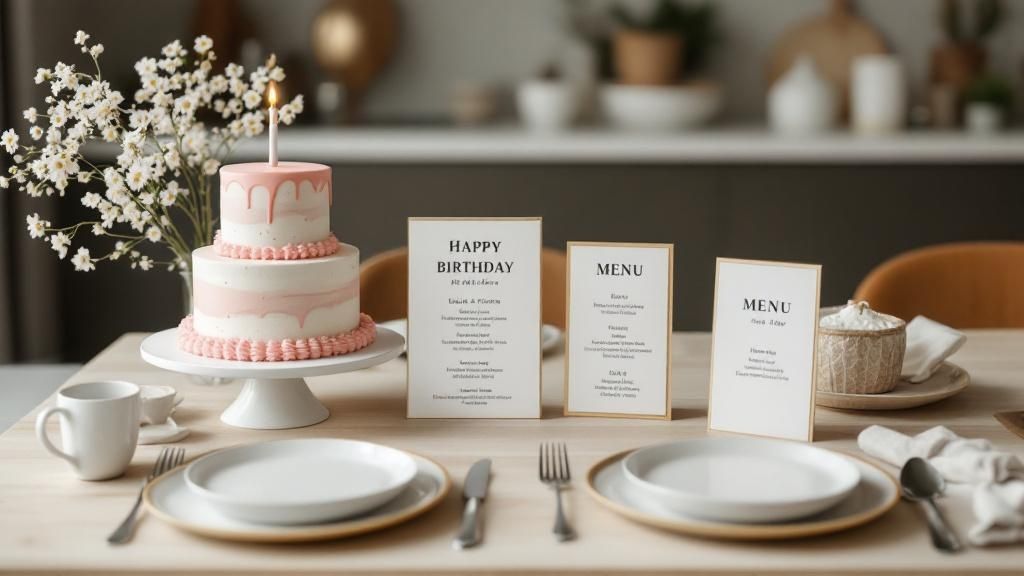 A delicious-looking birthday cake with candles and colorful sprinkles on a stand, ready for a party.