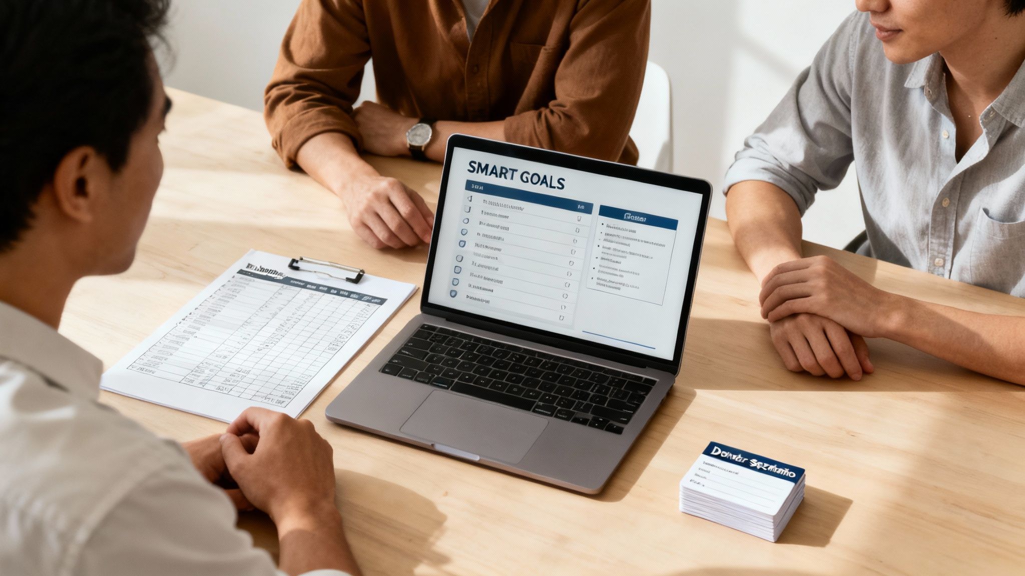 Business team reviewing SMART goals checklist on laptop for charity fundraising strategy planning