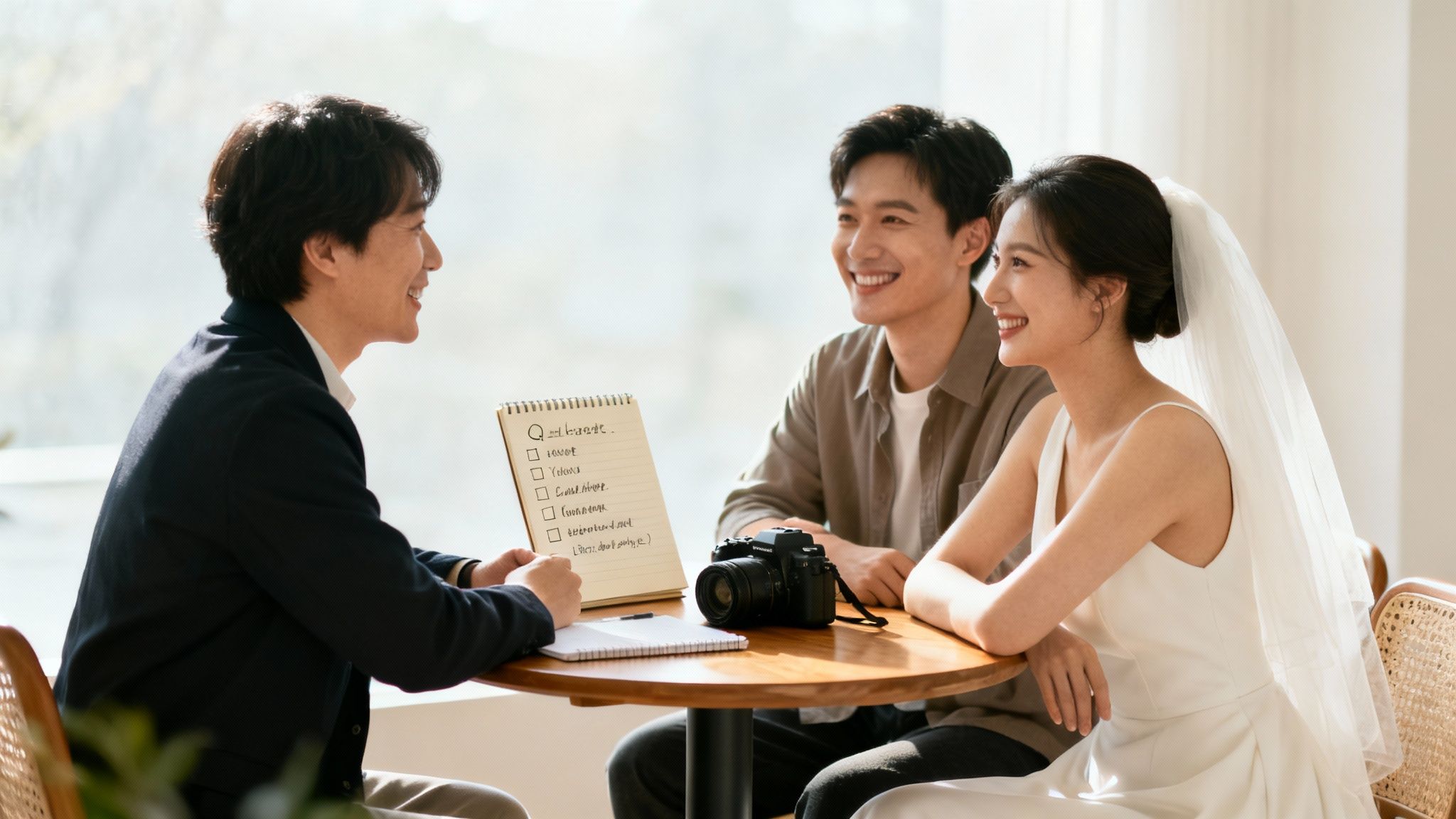 A smiling wedding couple consults with a photographer or planner at a table with a camera.