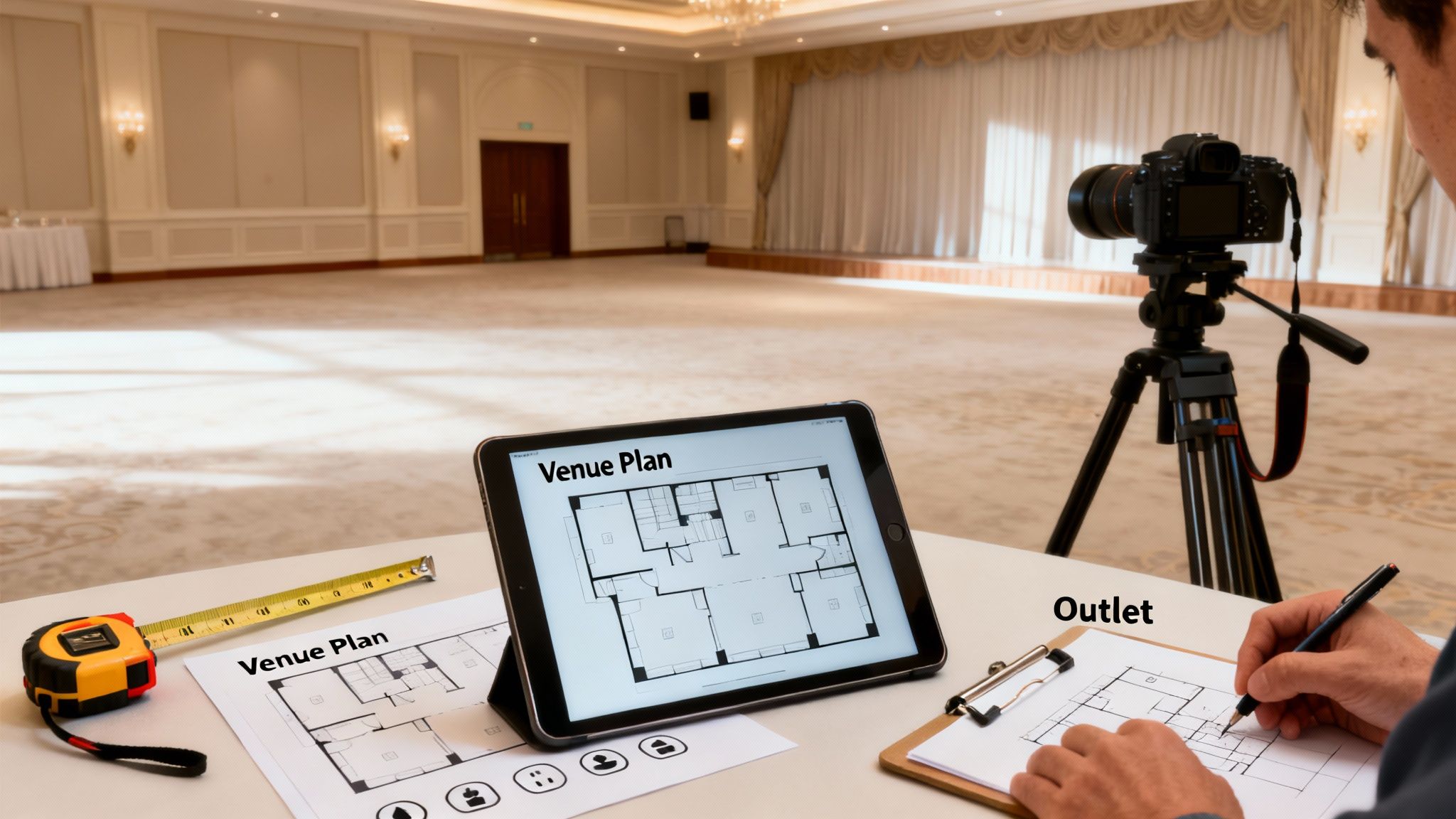 A person plans an event venue setup using a tablet with blueprints, measuring tape, and drawing on a clipboard.