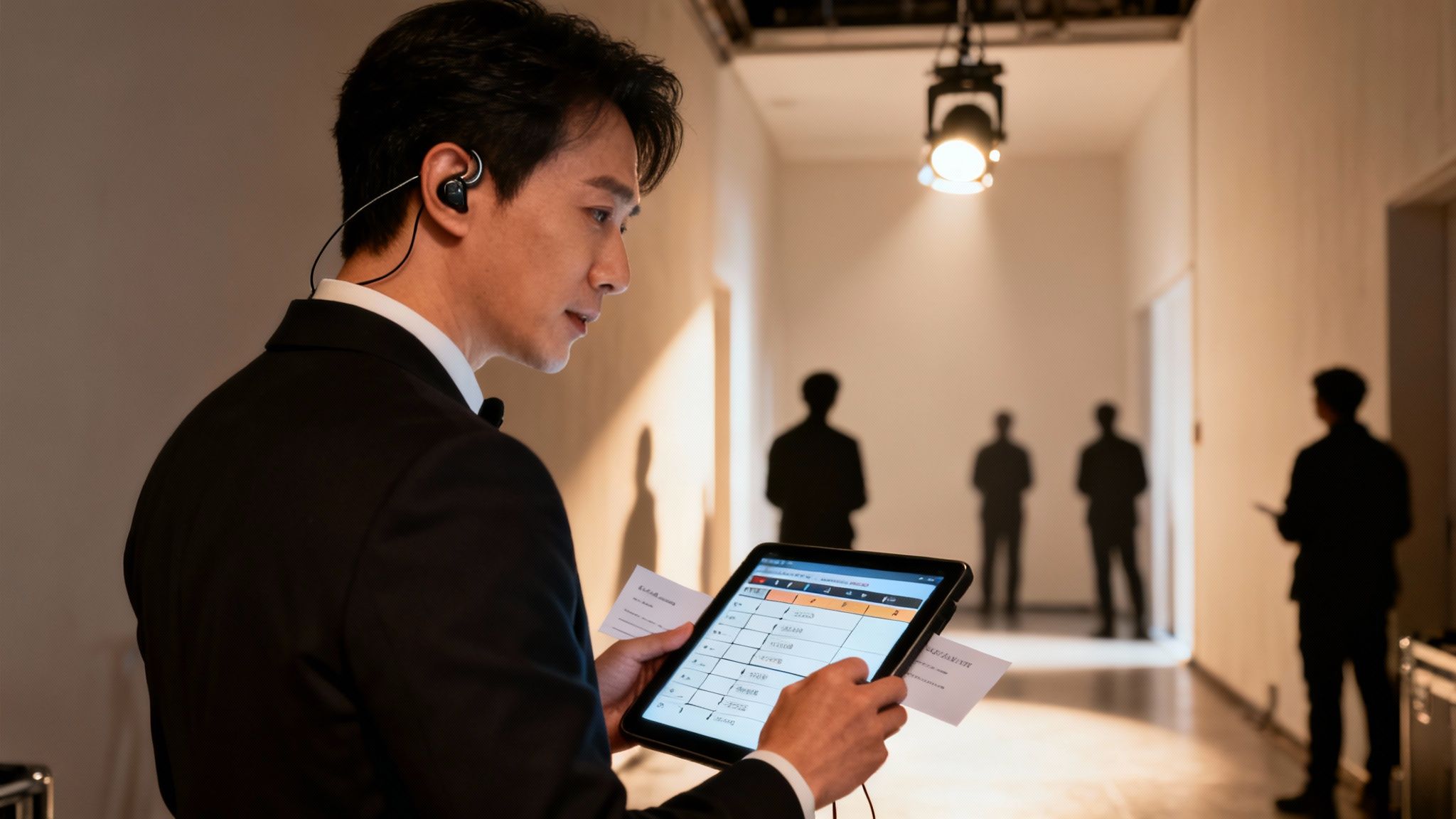 A man in a suit with an earpiece uses a tablet, managing an event backstage.