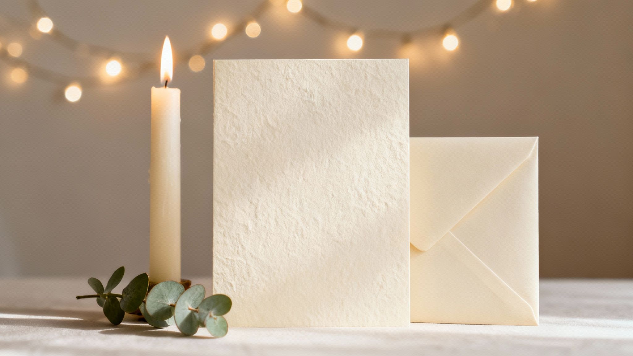 A lit candle, blank textured greeting card, and envelope with eucalyptus leaves and bokeh lights.