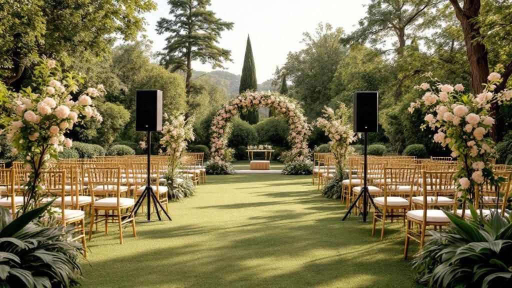 A classic empty dance floor, the epicenter of a wedding reception.