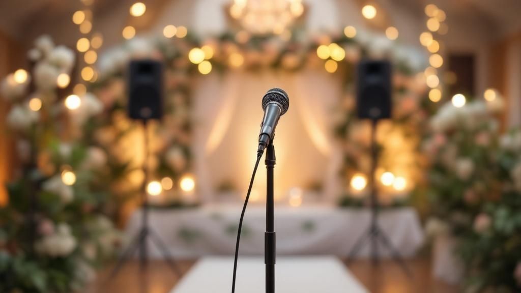 A professional audio technician setting up speakers for an outdoor wedding reception, with the sun setting in the background.