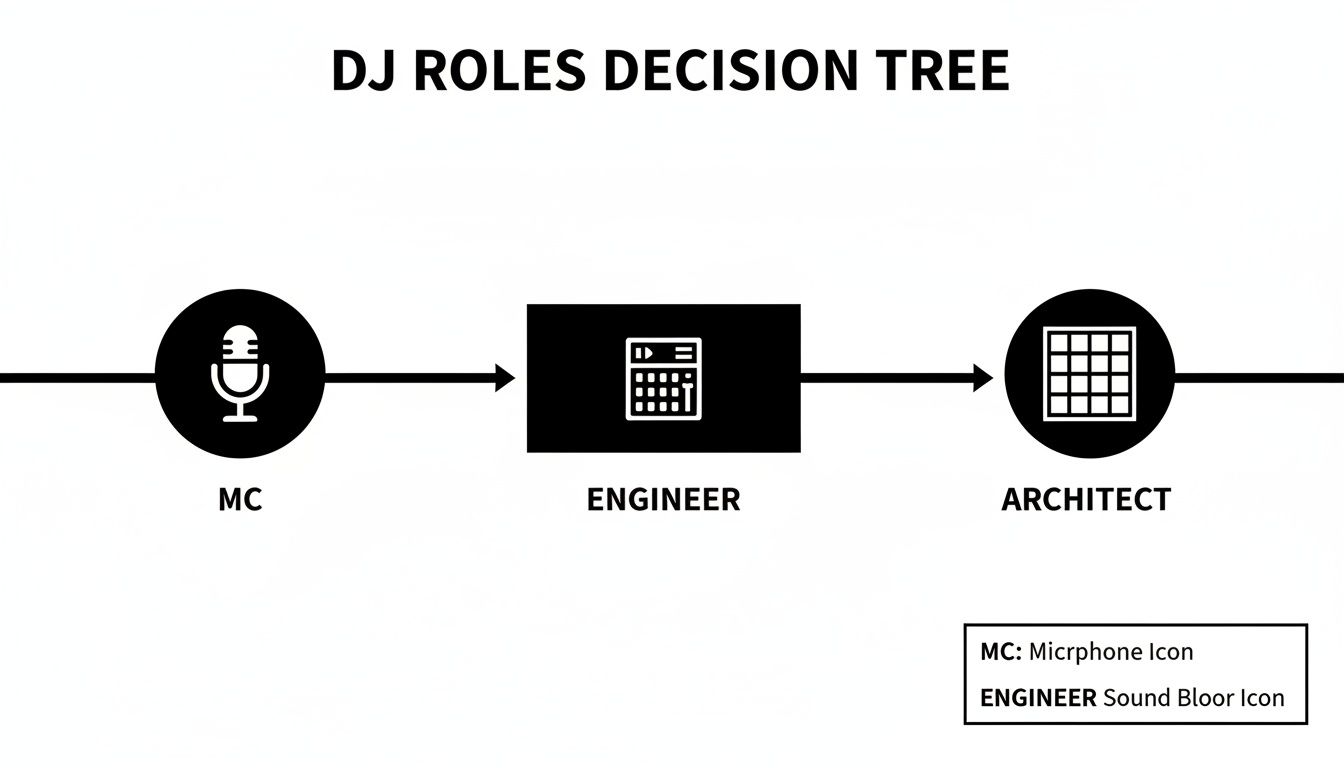 DJ roles decision tree with MC (microphone), Engineer (sound mixer), and Architect (grid) icons.
