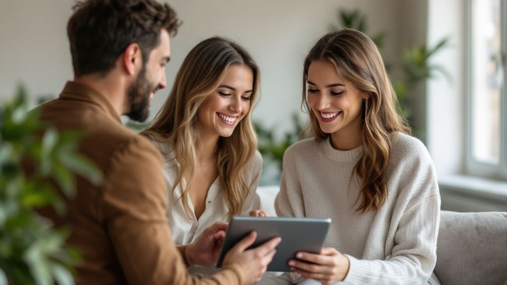 Couple joyfully reviewing their wedding video options