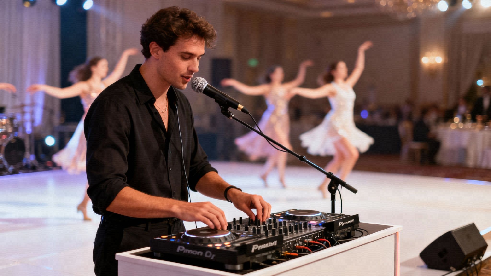 A professional DJ mixing music on a modern console at a lively event.
