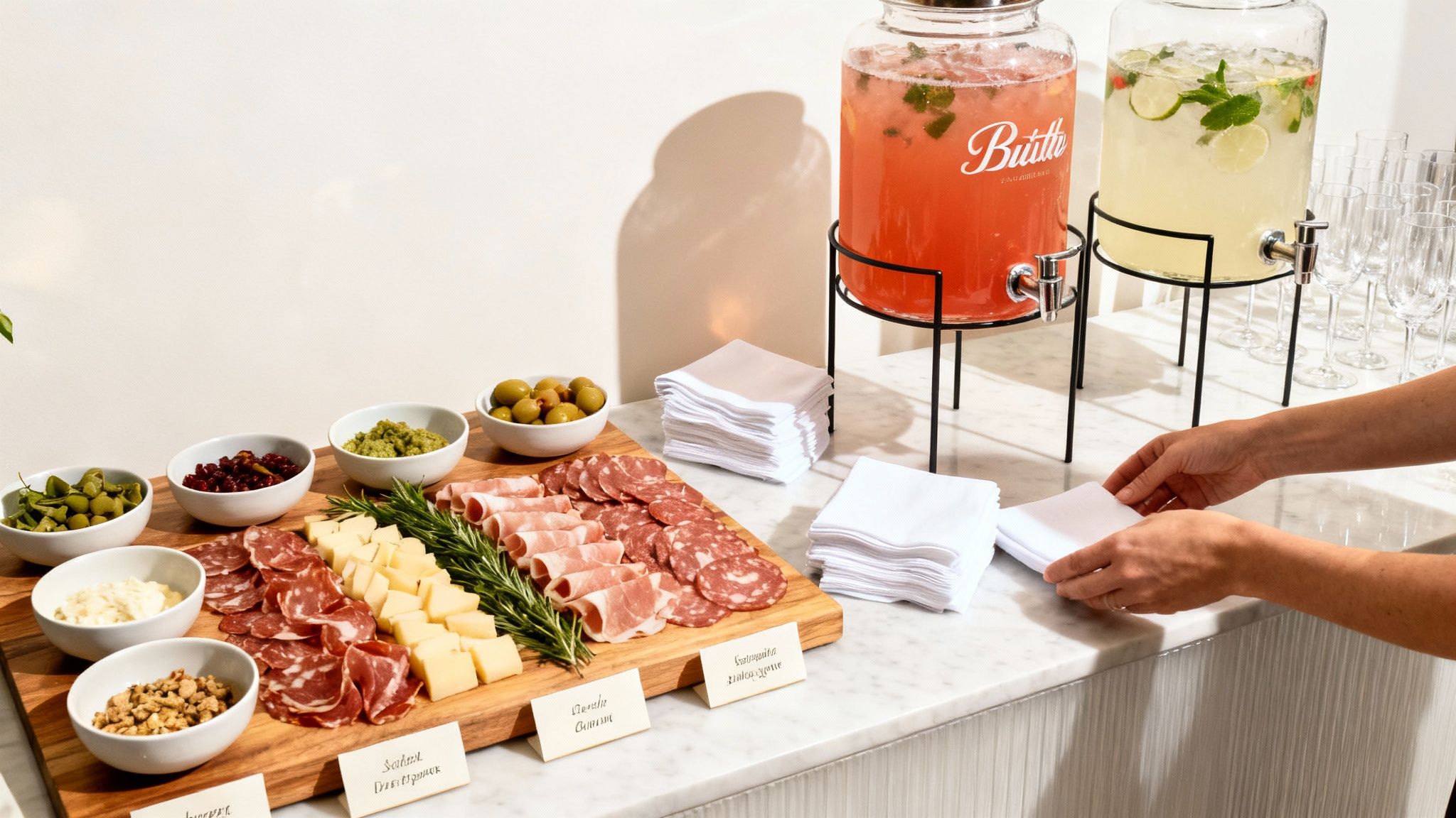A beautifully arranged charcuterie board with various cheeses, fruits, and meats.