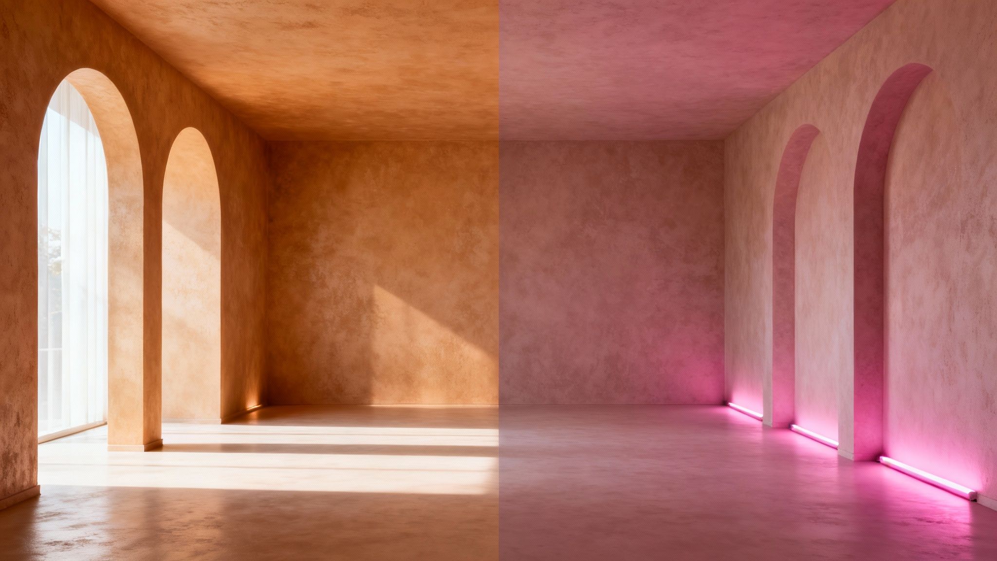 A split view of an arched room, one side with natural light, the other with pink neon uplighting.