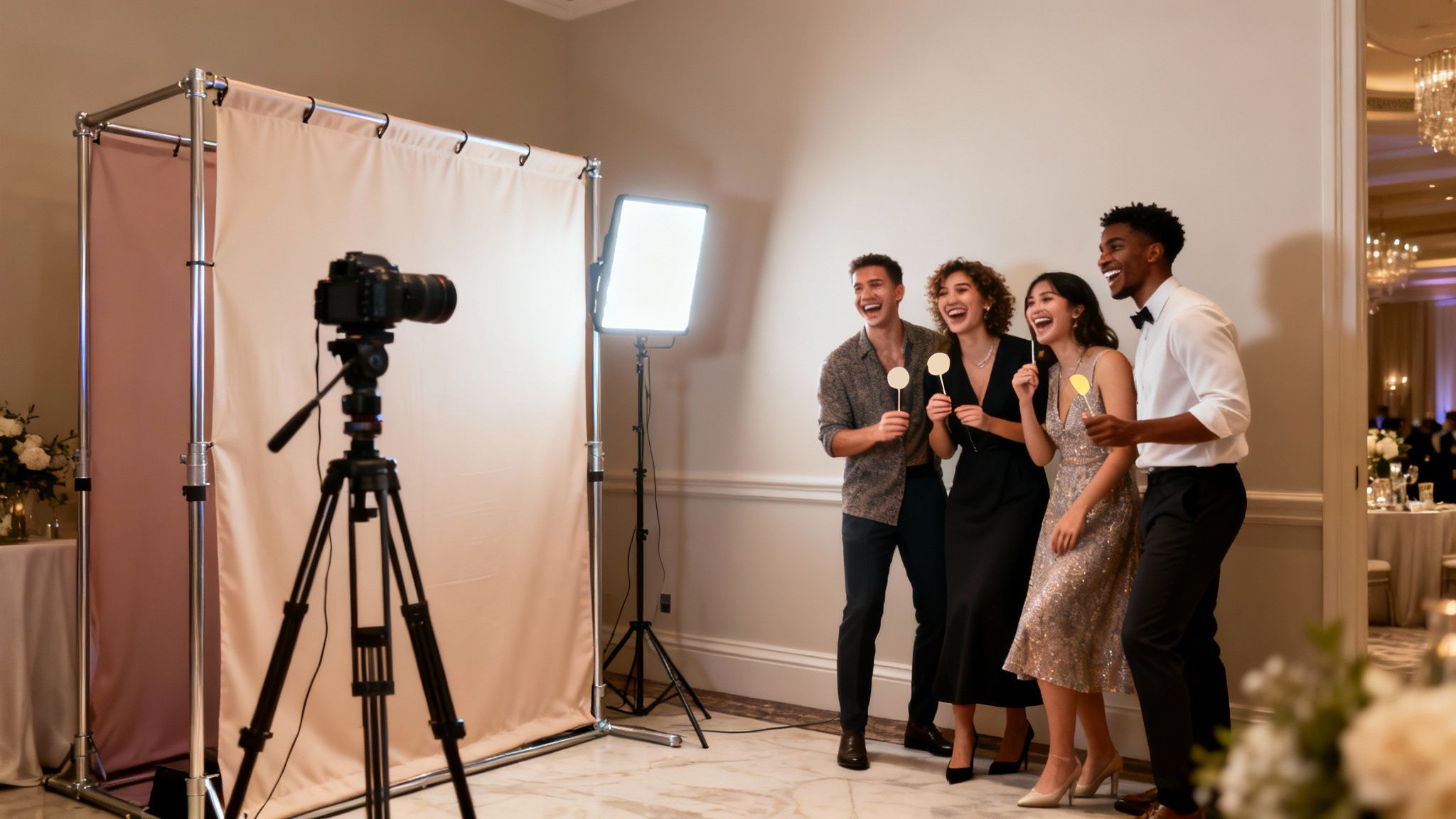A diverse group of cheerful friends enjoying a photo booth with fun props at an event.