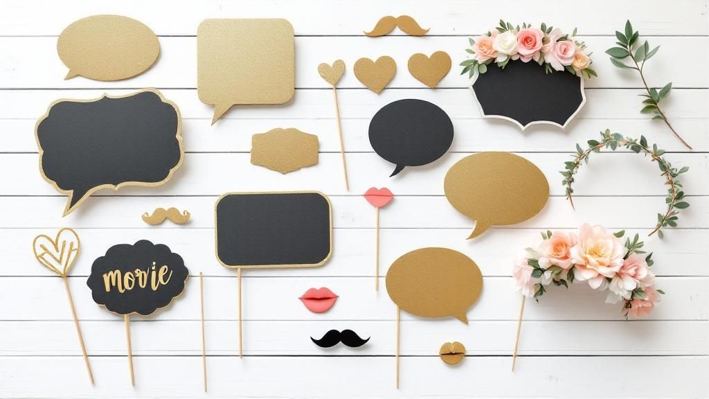 A group of friends laughing and posing with fun props in a photo booth at a wedding.