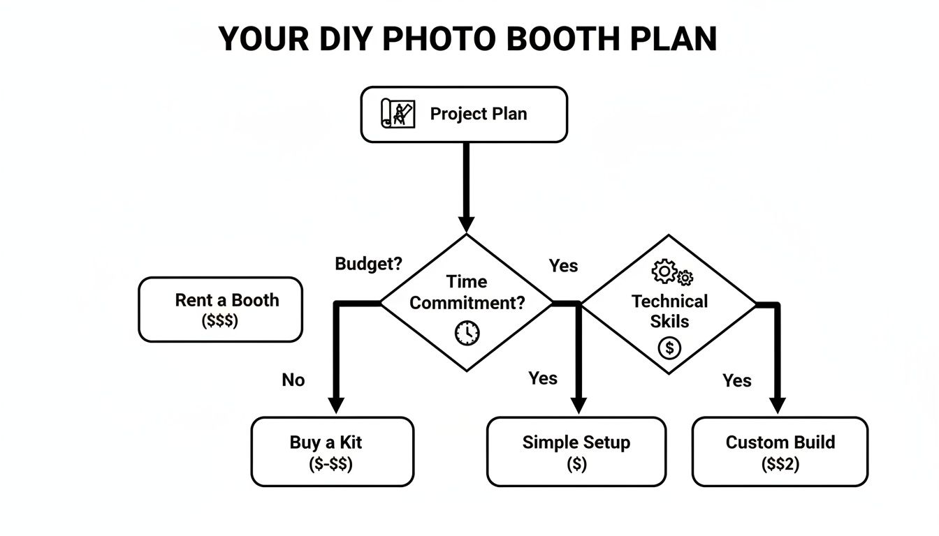 Flowchart detailing decisions and options for a DIY photo booth project based on budget and skills.