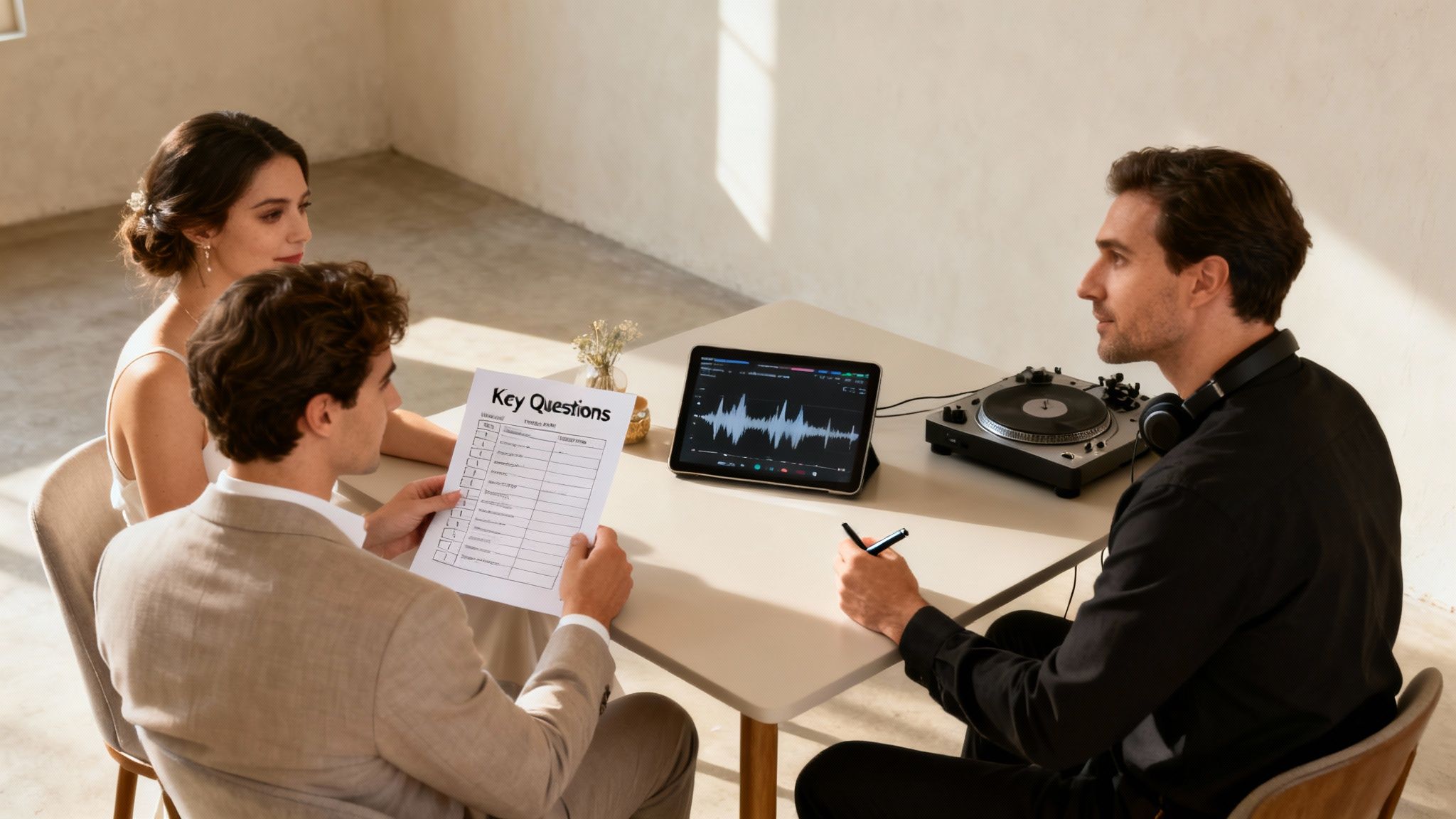 A DJ adjusting their soundboard during a lively wedding reception.