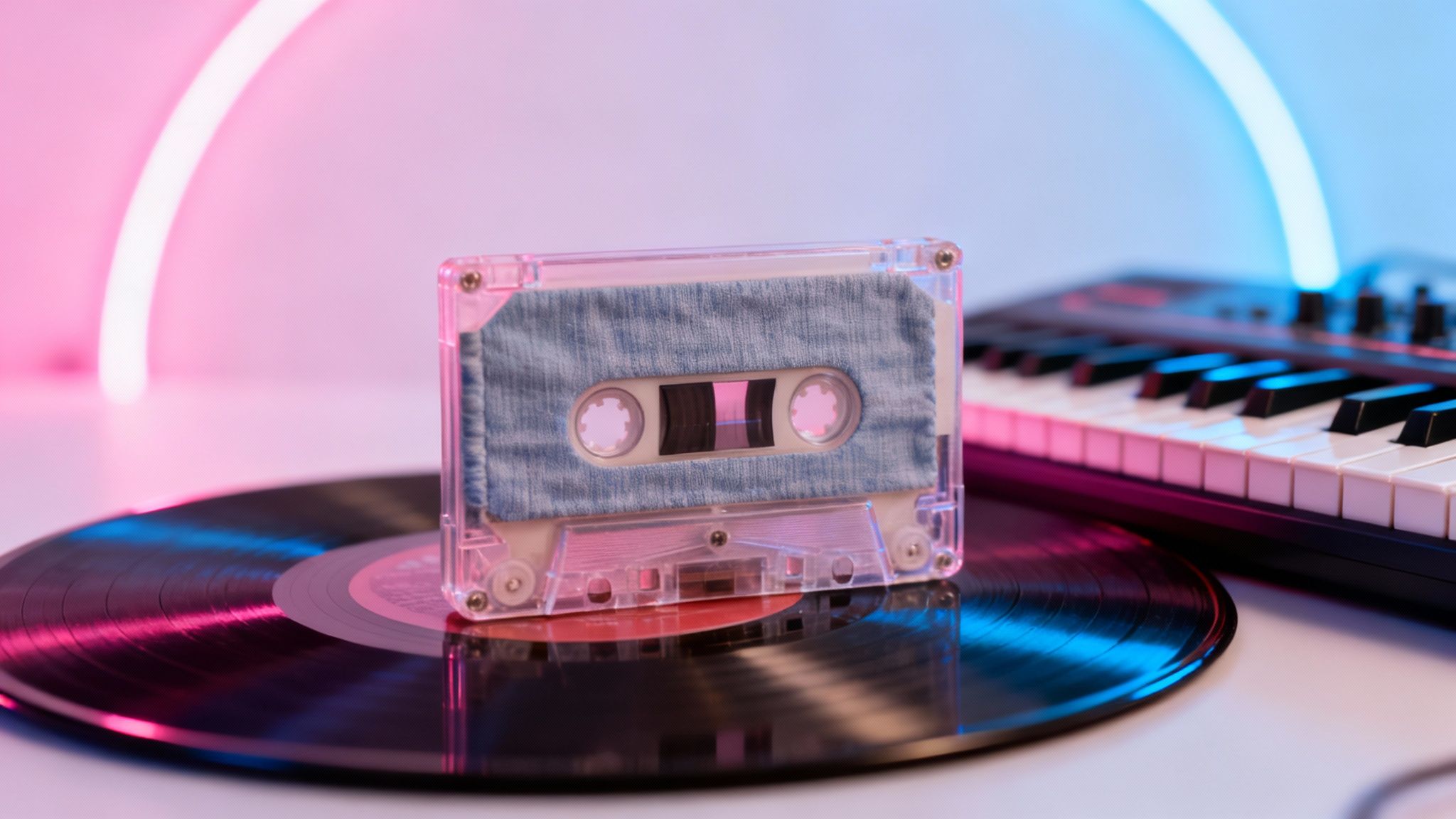 Retro cassette tape on a vinyl record with a music keyboard, lit by pink and blue neon lights.