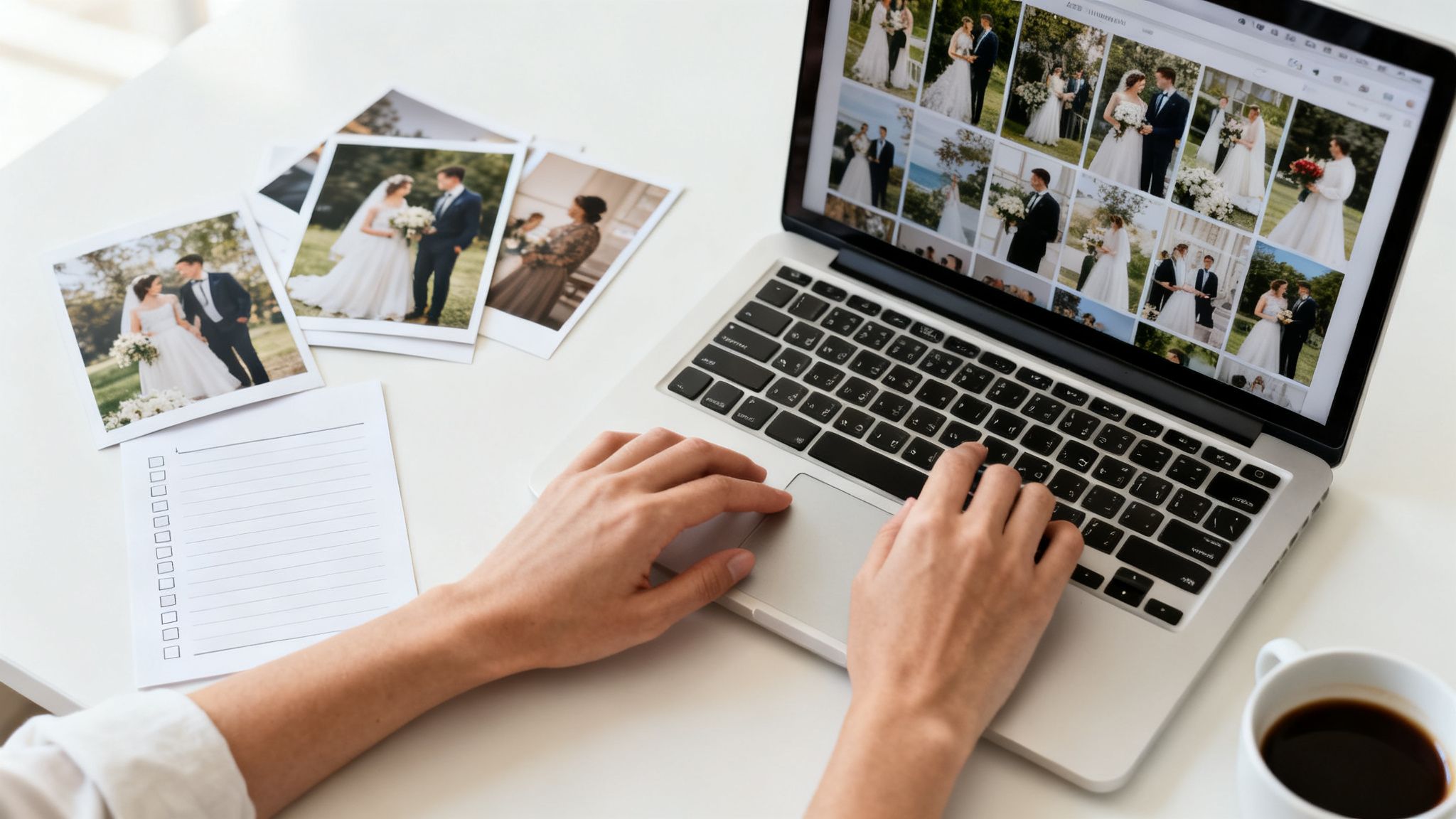 Hands selecting wedding photos on a laptop, surrounded by printed pictures, a checklist, and coffee.
