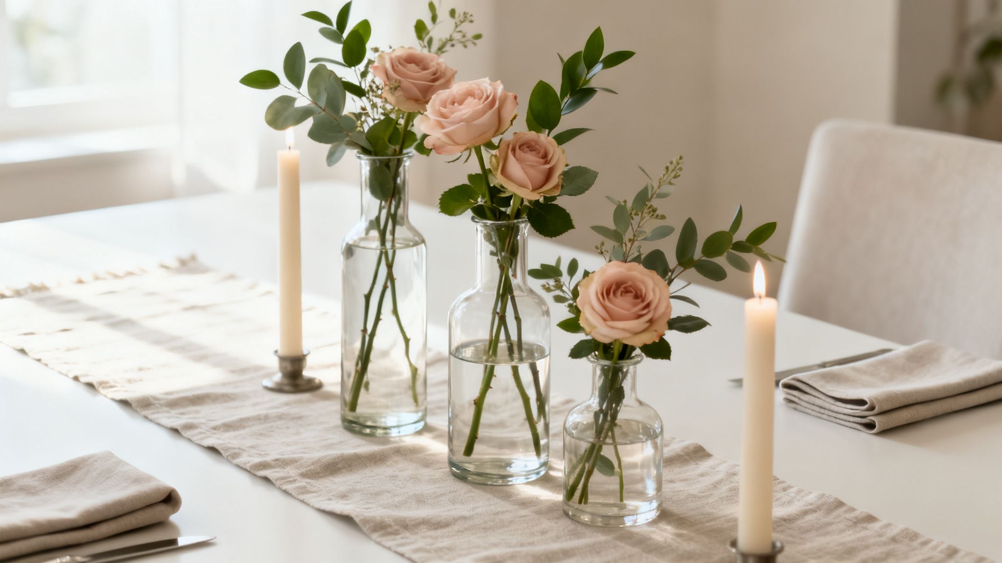 Elegant table setting with pink roses, green foliage, and two lit candles on a light linen runner.